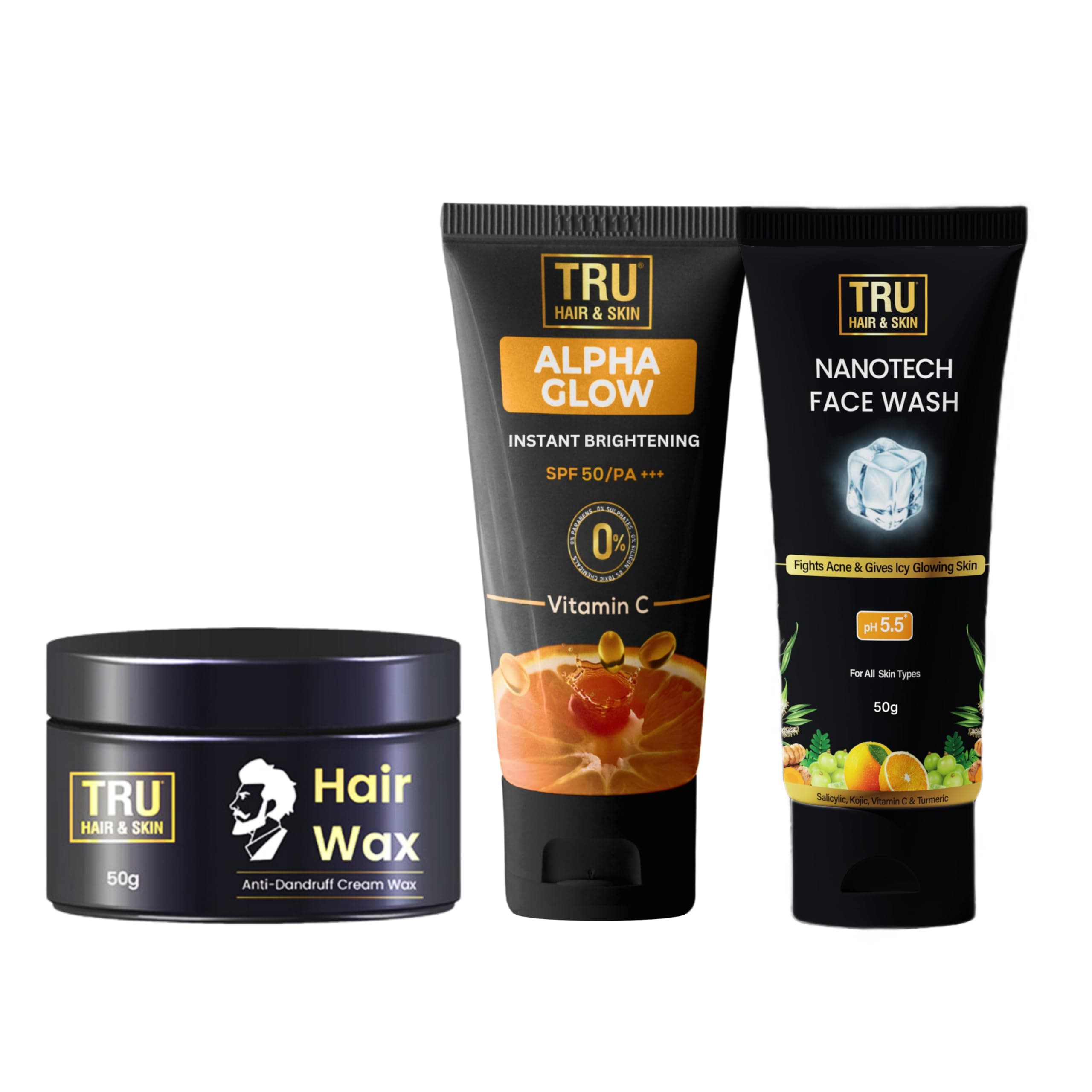 TRU HAIR Nanotechnology Facewash 50ml + Alpha Glow Instant Brightening Cream 25ml + Hair Wax Cream 50gm- COMBO