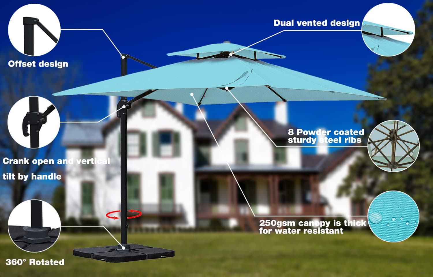 10 by 10-Feet Offset Cantilever Umbrella, 360° Rotated Outdoor Patio Umbrella with Dual Vented Canopy for Garden, Backyard with Cross Base, 250gsm Square Canopy, Turquoise