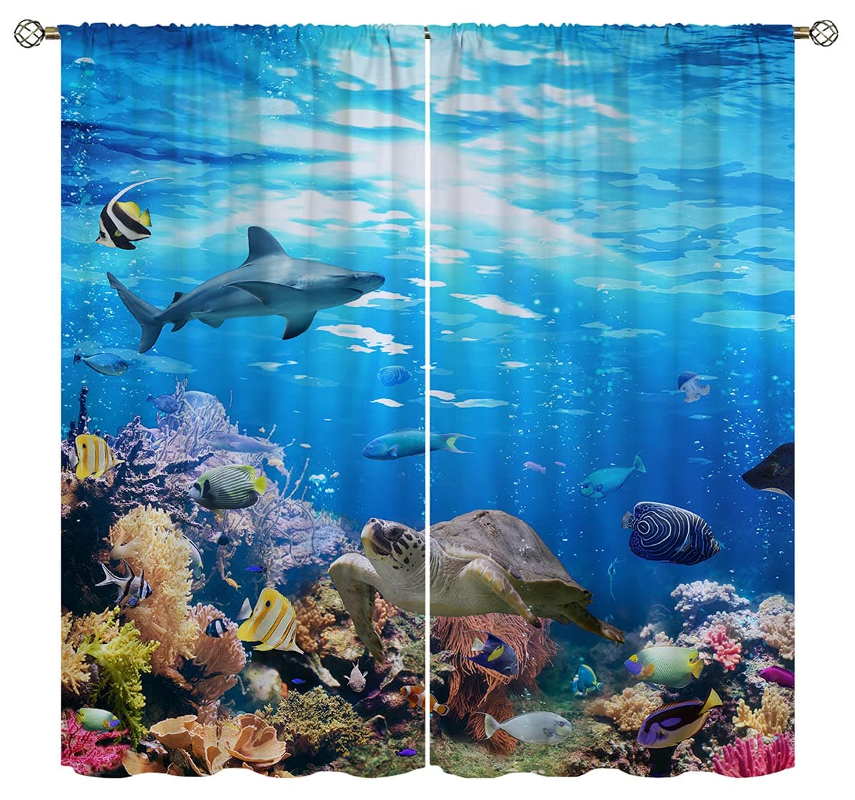 UUZ Ocean Fishes Blackout Curtains for Boy Home Decor, Undersea Coral Tropical Shark Sea Turtle Rod Pocket Thermal Insulated Drapes Darkening Window Curtain for Bedroom Living Room, 55 x 63 Inch