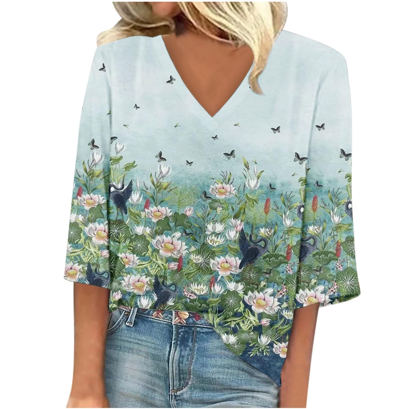 Women's 3/4 Sleeve Tops V Neck Tunic Top Casual Floral Print Loose Blouses Shirts Comfy Cute Tee Shirt Going Out T Shirt