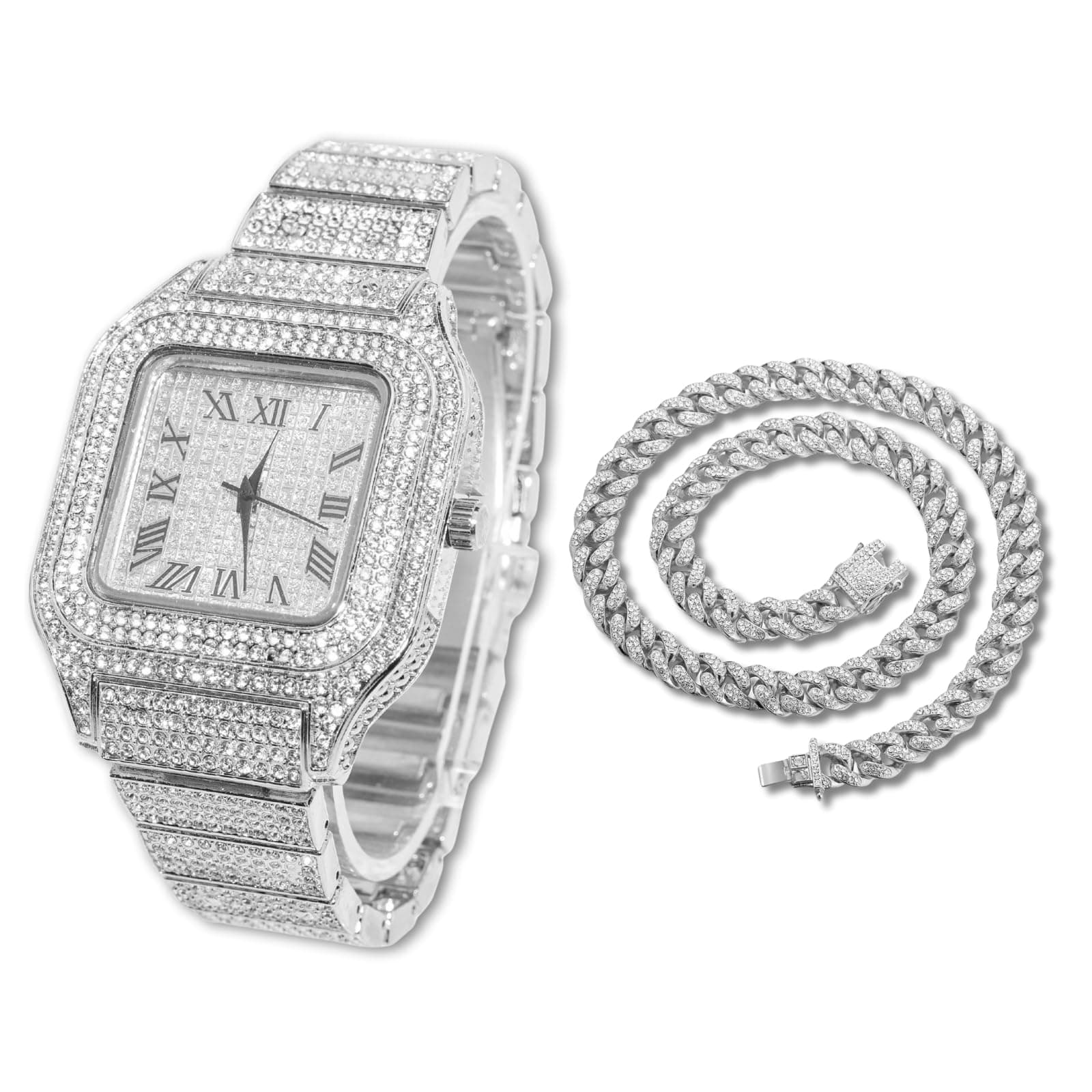 Halukakah Diamonds Gold Watch Iced Out,Men's 18K Real Gold/Platinum White Gold Plated 40MM Width Square Dial Quartz Wristband 9.5" with Cuban Link Chain 8"+18" Necklace Bracelet,Free Giftbox