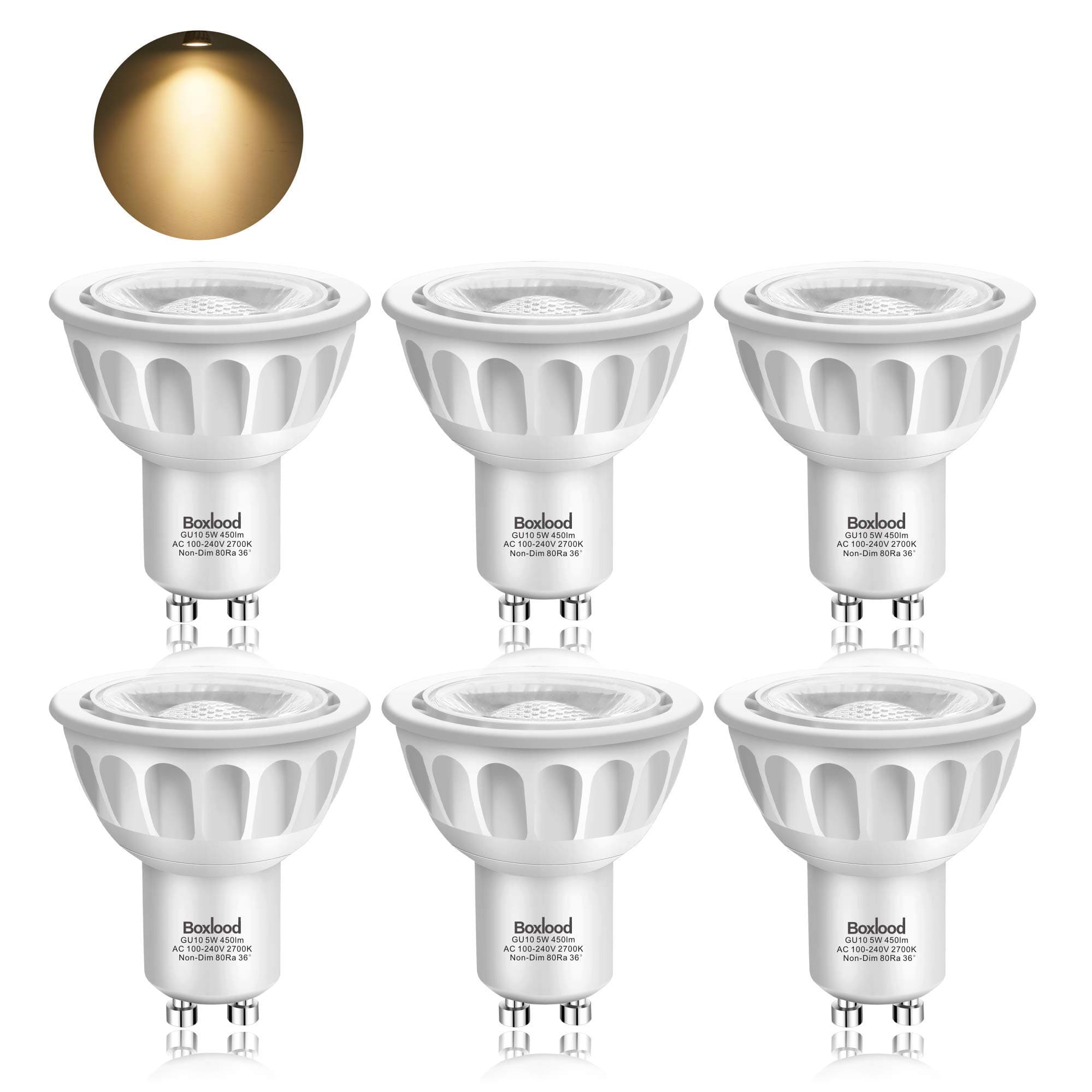 Boxlood GU10 LED Bulbs, Warm White 2700K, 5W LED Spotlight Bulb, 36° Narrow Beam Angle, 450LM 50W Halogen Bulbs Equivalent, Pack of 6 (100-240V, Non-Dimmable) [Energy Class A++]