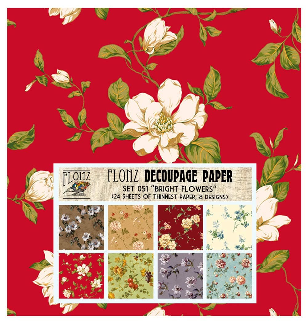 Decoupage Paper Pack (24 Sheets 6"x6") Bright Flowers FLONZ Vintage Styled Paper for Decoupage and Craft