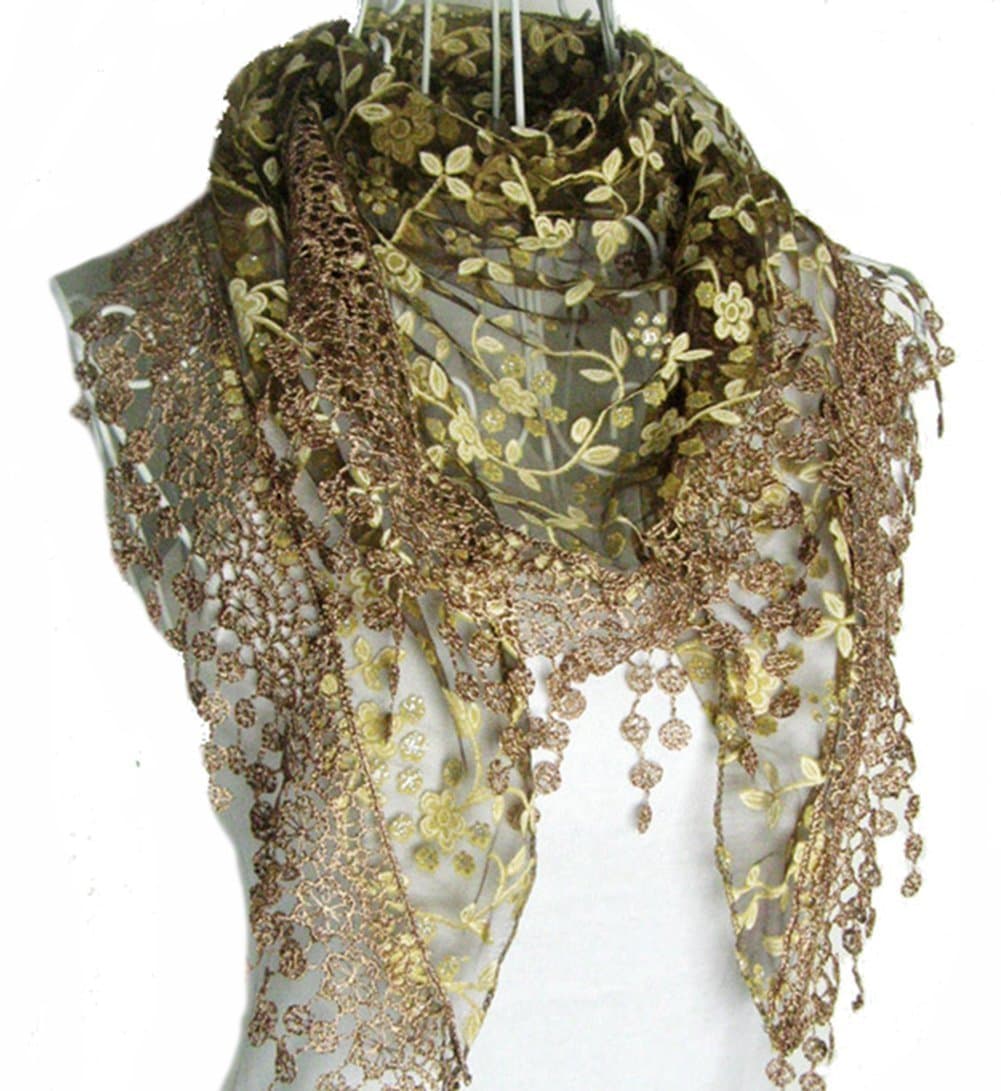 HugeStoreHugeStore Women Ladies Elegant Lace Tassel Blending Silk Long Scarf Scarves Wrap Shawl Triangular Scarf Coffee