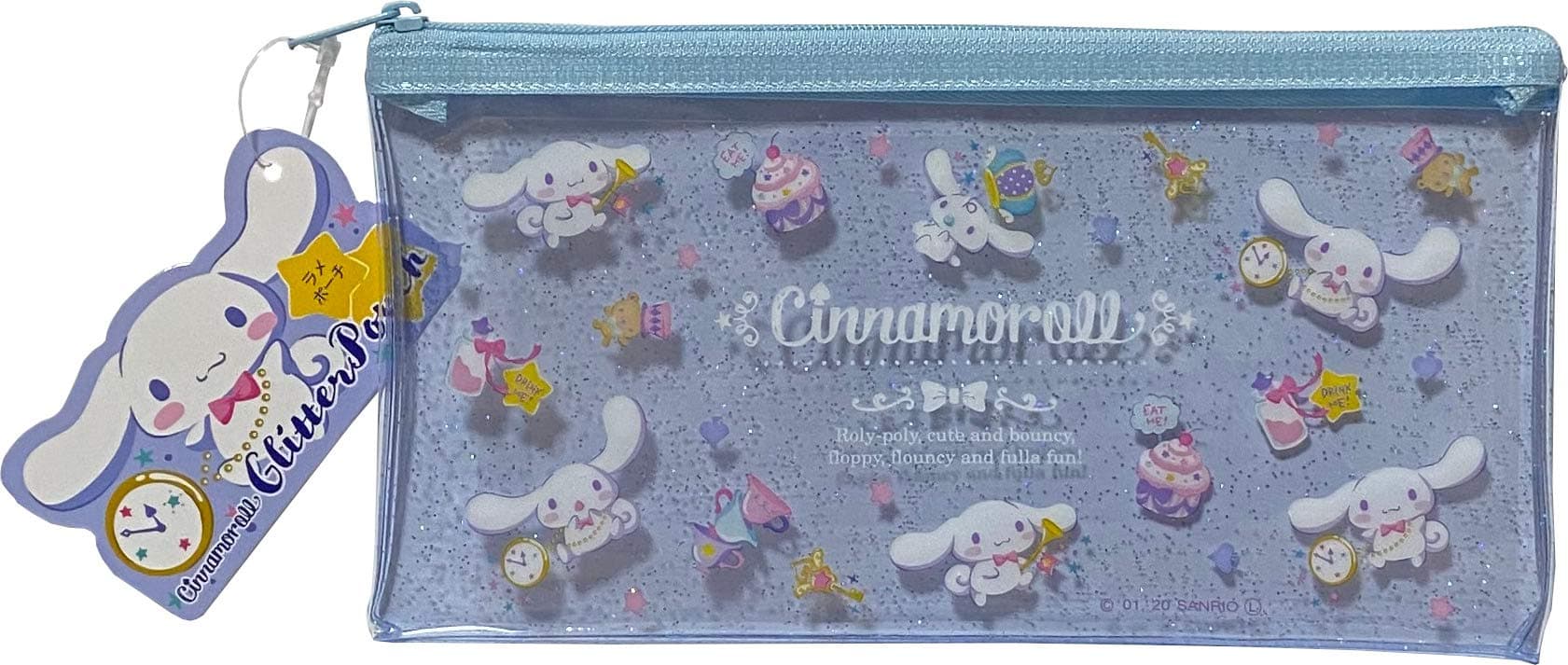 FRIEND Sanrio Cinnamoroll Flat Vinyl Glitter Pouch 20×10 cm Zipper Pen Accessories Case Bag (Happy), clear, Pouch