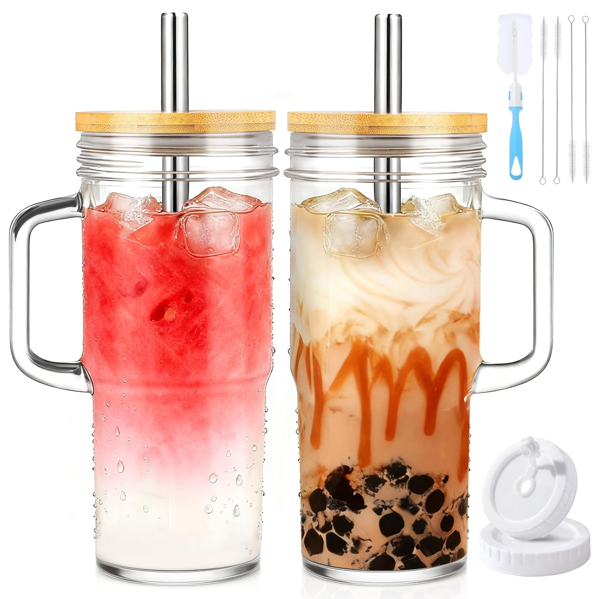 24oz Glass Cups with Lids and Straws,Glass Tumbler with Handle,2 set–Reusable Glass Ice Coffee Cups with Lid and Straw for Smoothies,Tea,Juice,Boba Cup for Cold & Hot Drinks,Travel Cup