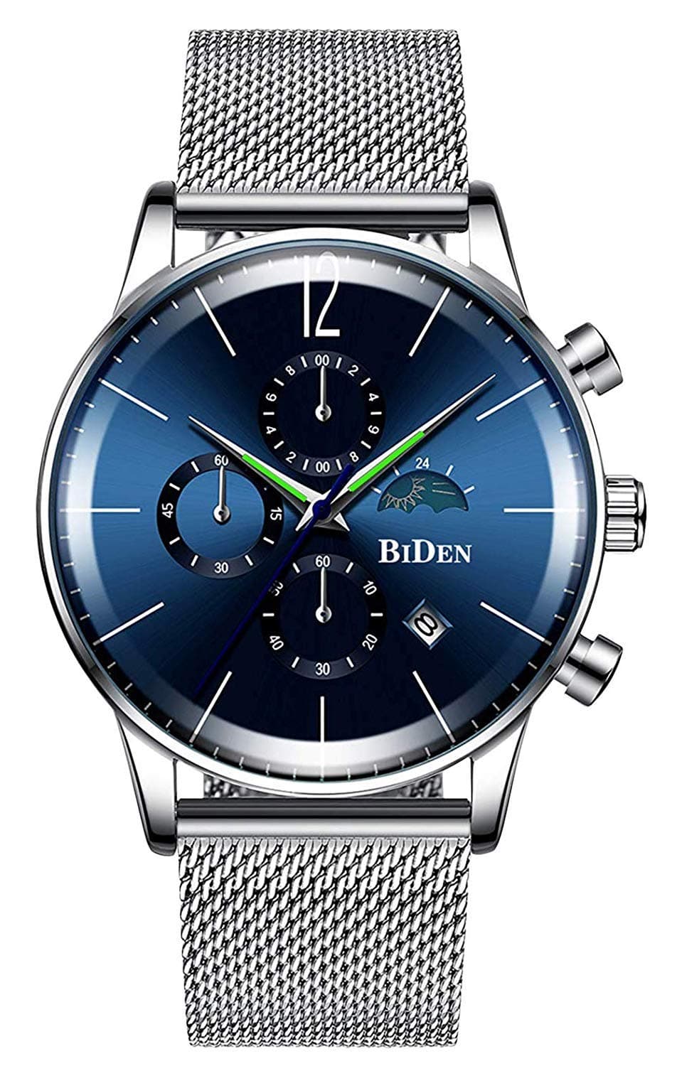 BHGWR Mens Analogue Quartz Watch, 30M Waterproof Wrist Watch for Men with Date Calendar Stopwatch, Silver Dress Watches with Stainless Steel Mesh Strap for Man