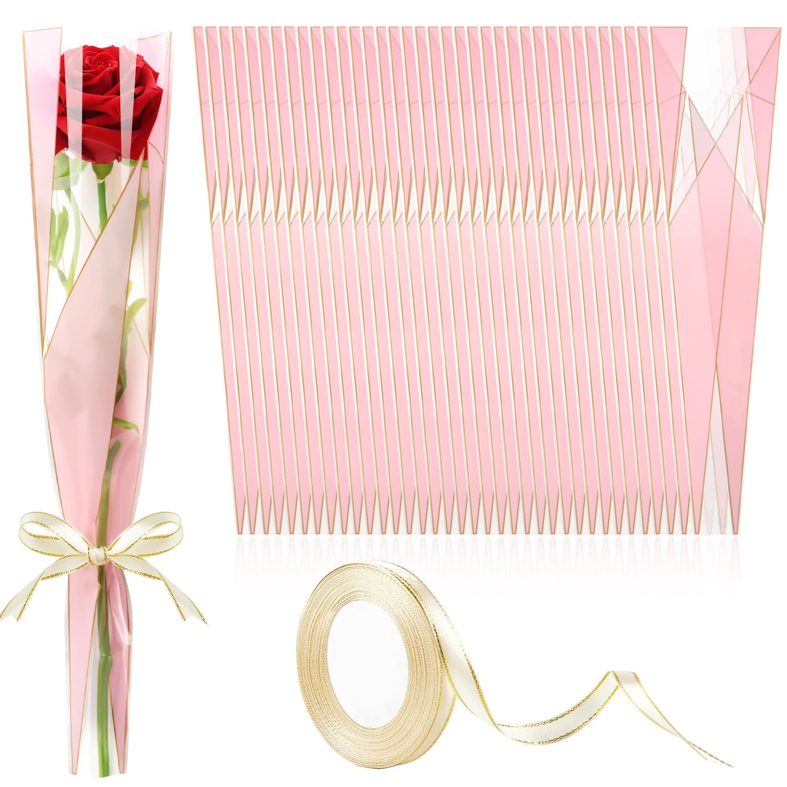 Mauproy 100 Pack Single Rose Sleeves, Plastic Flower Wrapping Bags Waterproof Single Flower Packaging Bags with Ribbons for Mother's Day, Flower Bars, Florist Supplies (Pink)