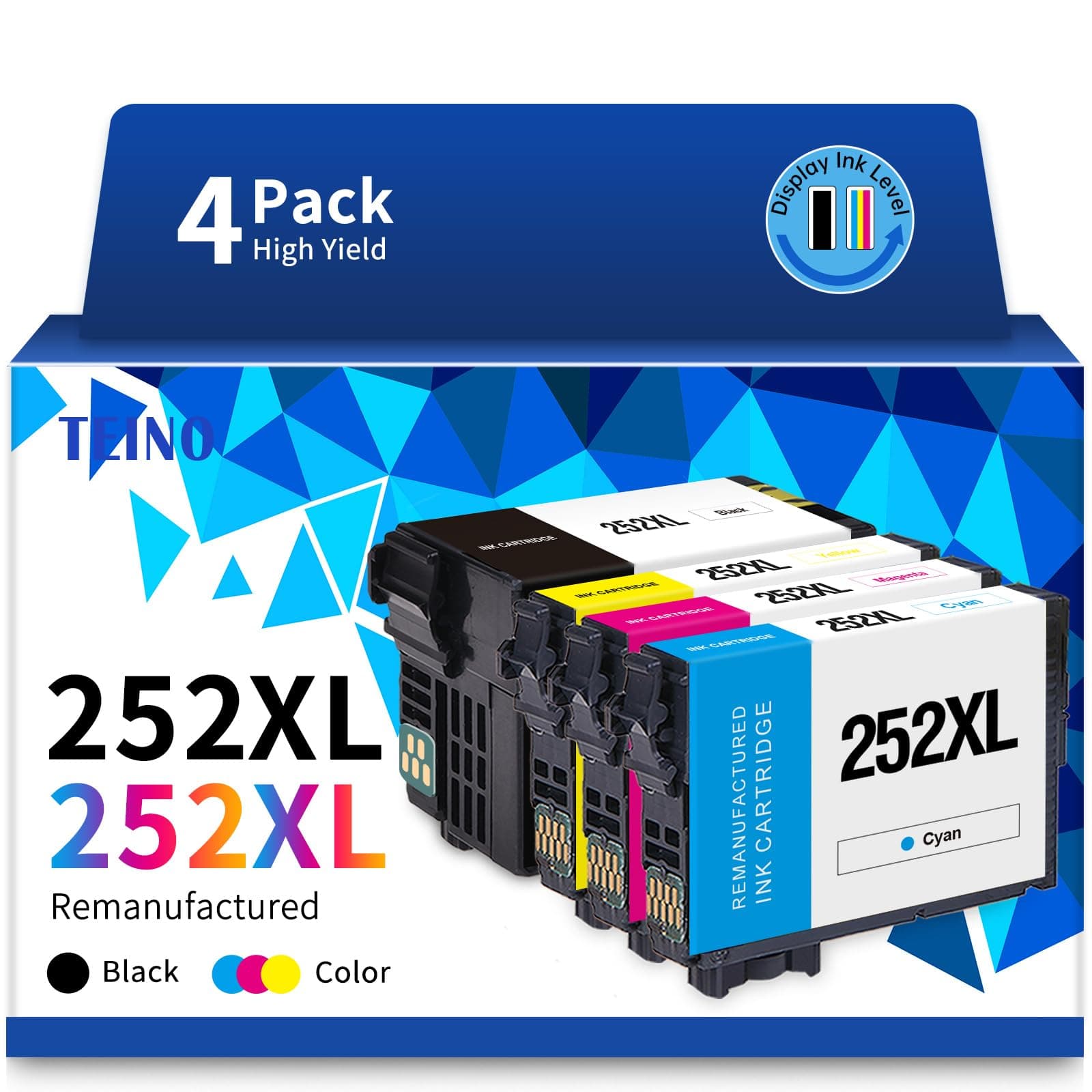 TEINO 252XL 252 Ink Cartridges Combo Pack Remanufactured Ink Cartridge Replacement for Epson 252 XL 252XL for Workforce WF-7710 WF-3640 WF-7720 WF-3620 WF-7620 (Black Cyan Magenta Yellow, 4-Pack)