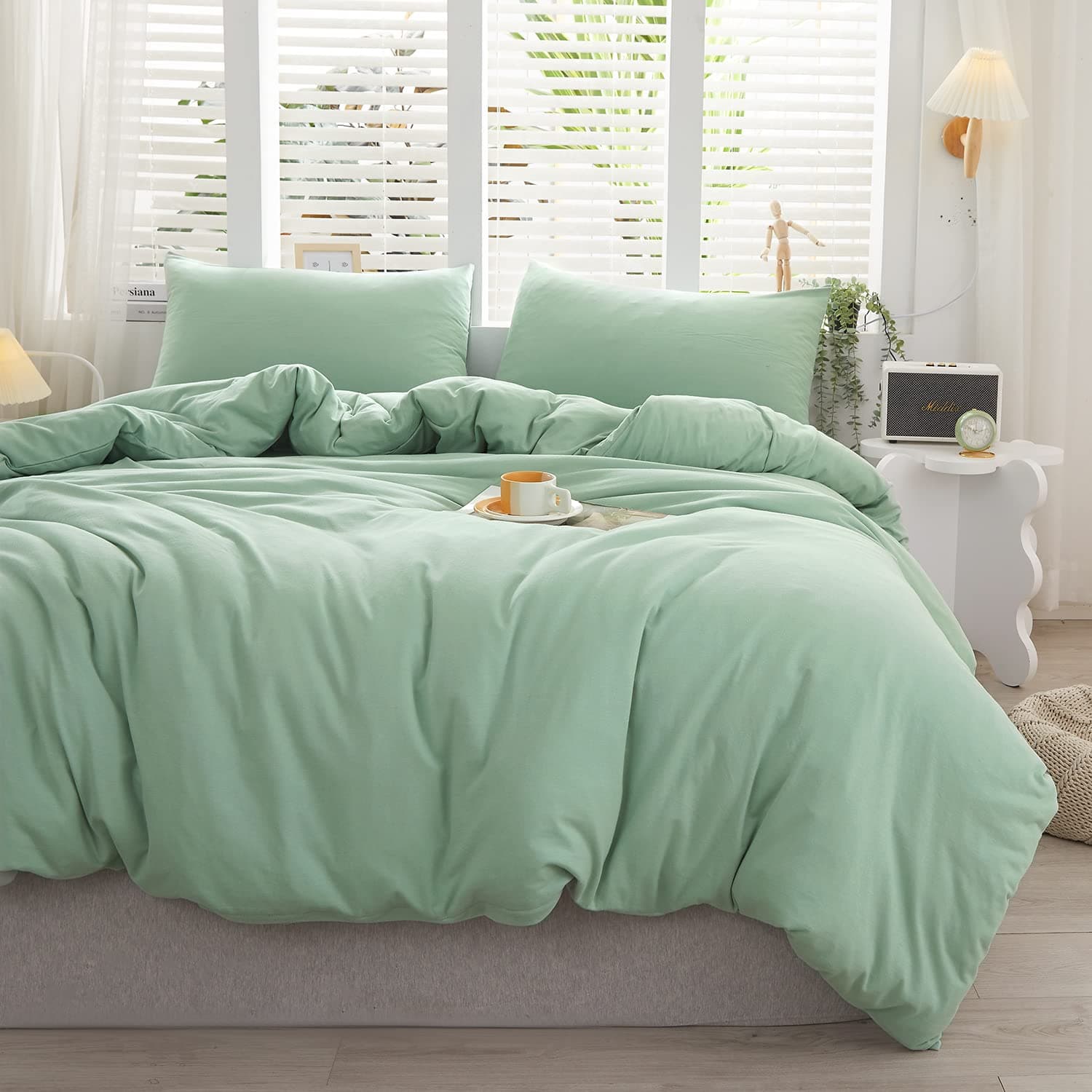Sage Green Duvet Cover Queen Jersey Knit Cotton Duvet Cover Set Ultra Soft Modern Bedding Set 3 Pieces 1 Light Green Duvet Cover with 2 Pillowcases
