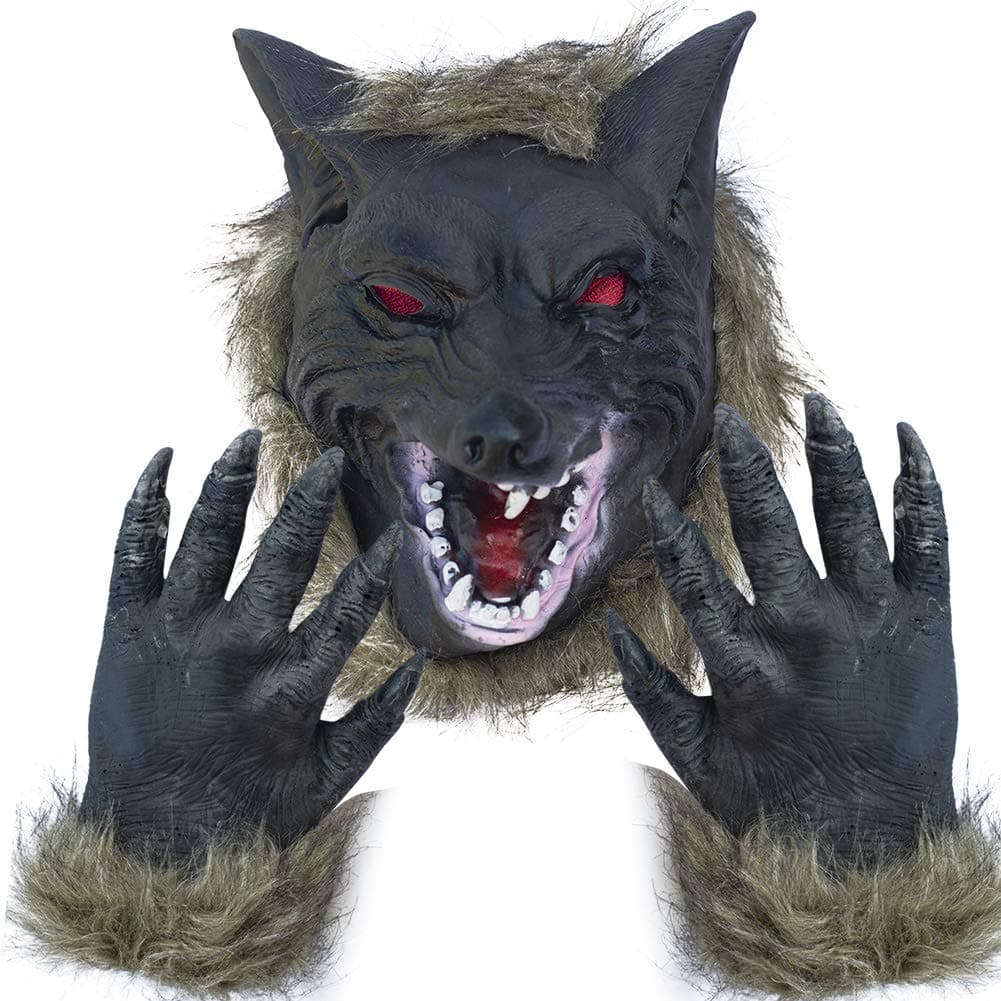 Holloween Horror Mask Party Cosplay Costume Werewolf Dress Up Mask - Wolf Head Mask and Claws Grey