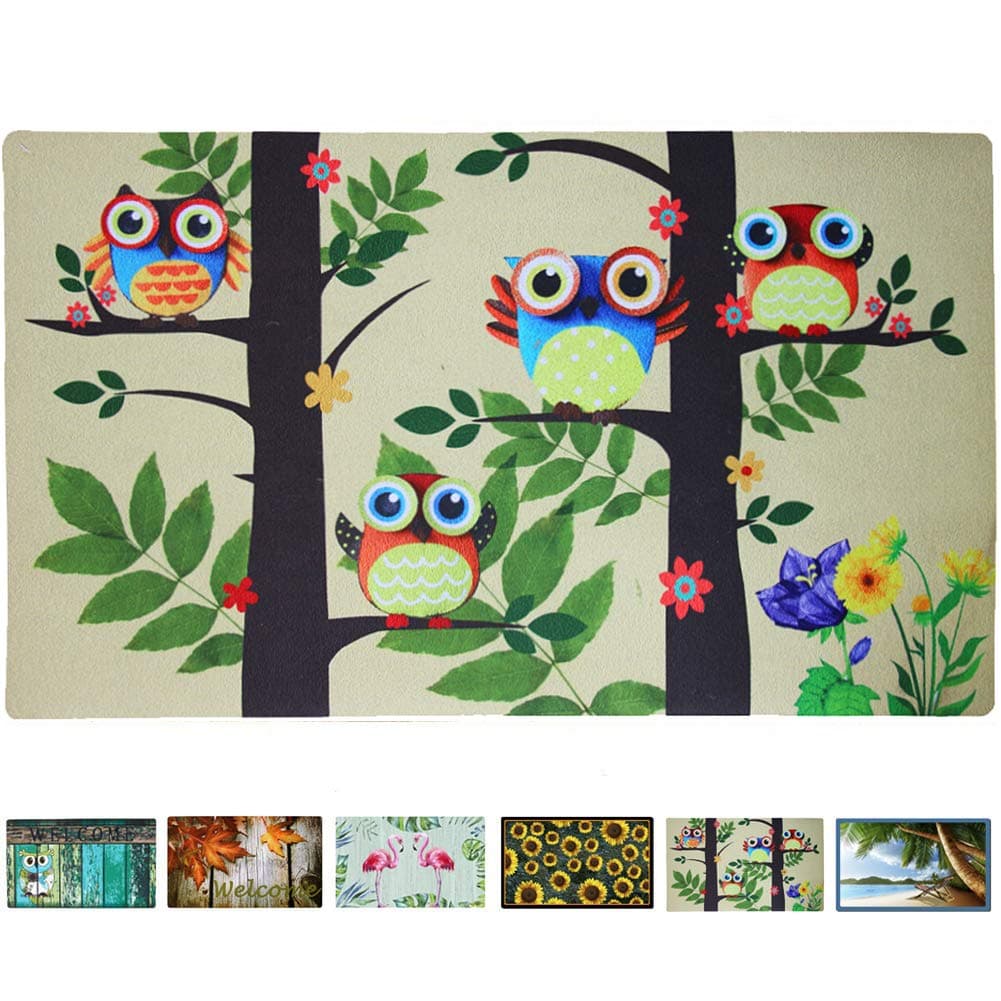 Rubber Welcome Door Mat, Decorative Indoor Outdoor Doormat Non Slip Front Door Mat, Easy to Clean Low Profile Mat for Entry Patio Garage High Traffic Areas, 17.3" x 29" (Owls on Tree)