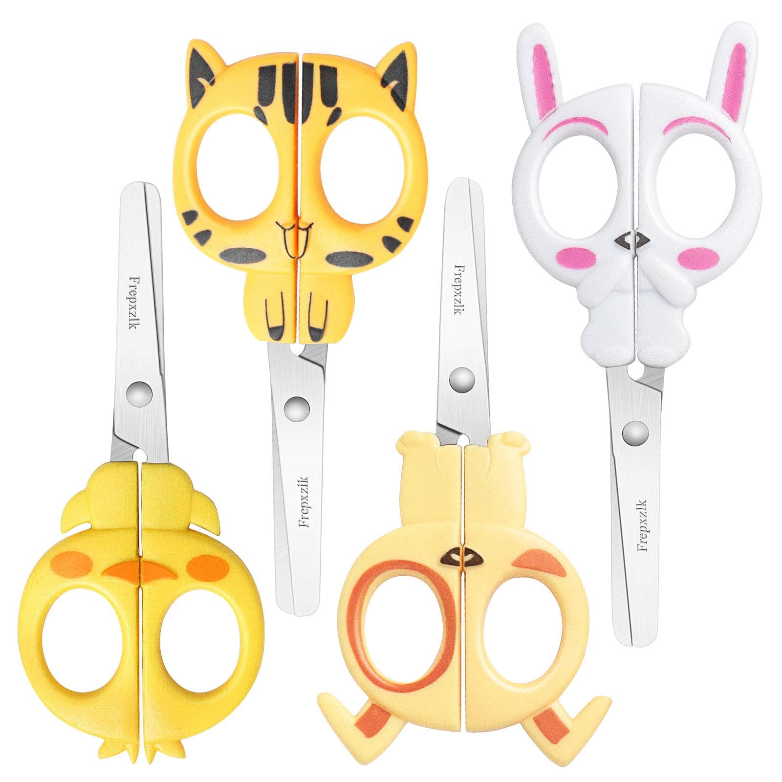 Kids Scissors, Blunt, Small, Sharp Stainless Steel Blades Safety, Cute Animal Shapes, 5 inch, 4 Pack