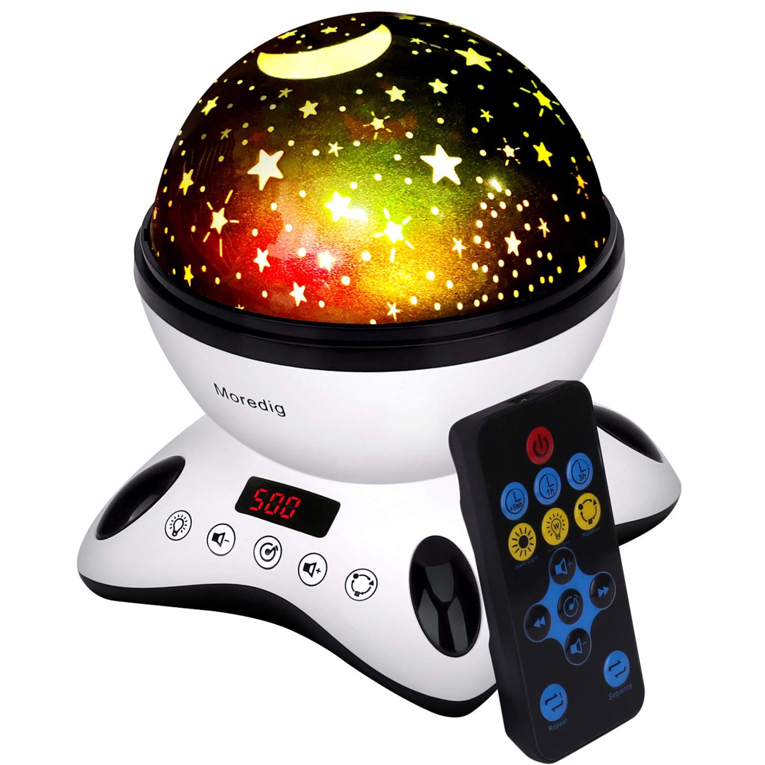 Moredig Night Projector, Remote Control and Timer Design, Touch Sensor and Built-in 12 Songs, 360° Rotating Multicolor Night Lights for Kids - Black