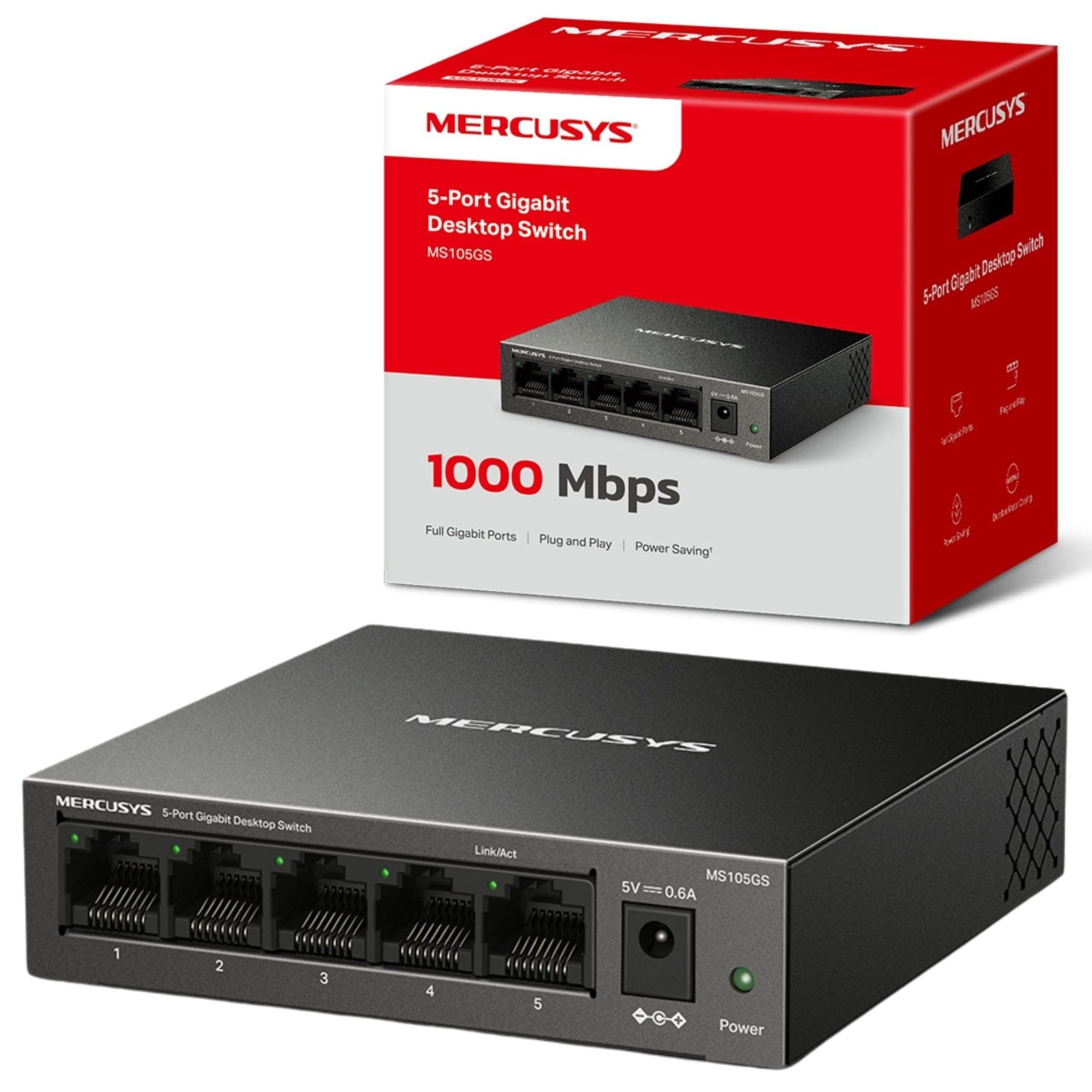 5 Port Gigabit Computer Switch, 5 Ports 10/100/1000Mbps, Multiple Installation, Auto Negotiation, MDI/MDIX, Energy Saving, Metal Box, Plug & Play, No