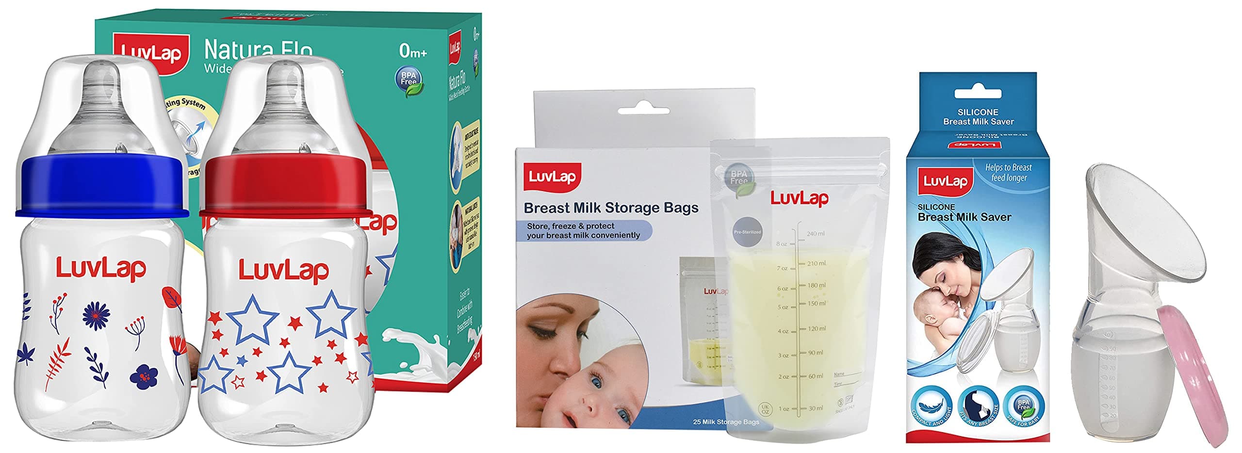 LuvLap Baby Breast Milk Storage Bags (Pack of 25) & Anti-Colic Wide Neck Natura Flo Baby Feeding Bottle, 150ml, Pack of 2, Blue & Luvlap Silicone Food Grade Breast Milk Catcher/Saver(White, 100ml)