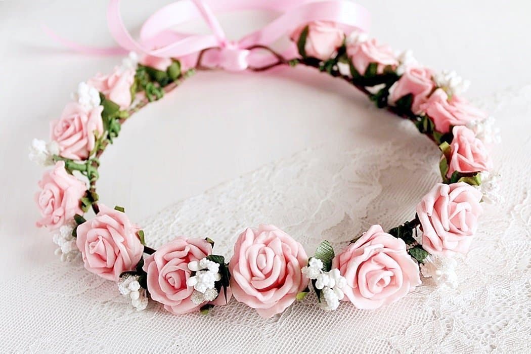 Pink Rose Crown, Woodland Headband, Boho Bridal Head Wreath