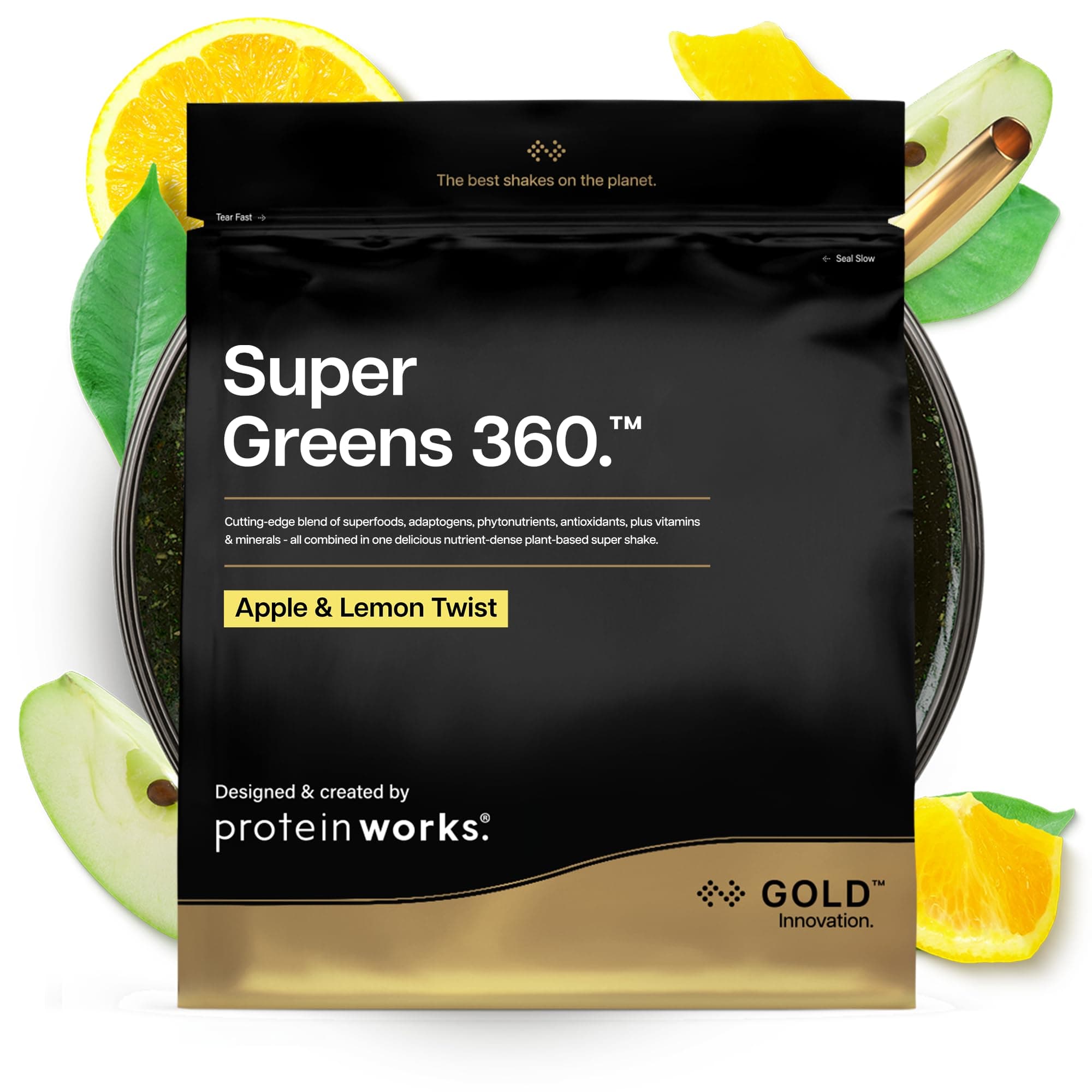 Protein Works | Super Greens 360 - Gold Innovation, Enhanced Greens Powder, 159 Health Benefits, Antioxidants, Superfoods, Adaptogens, Vegan, Apple & Lemon Twist, 41 Servings, 500g