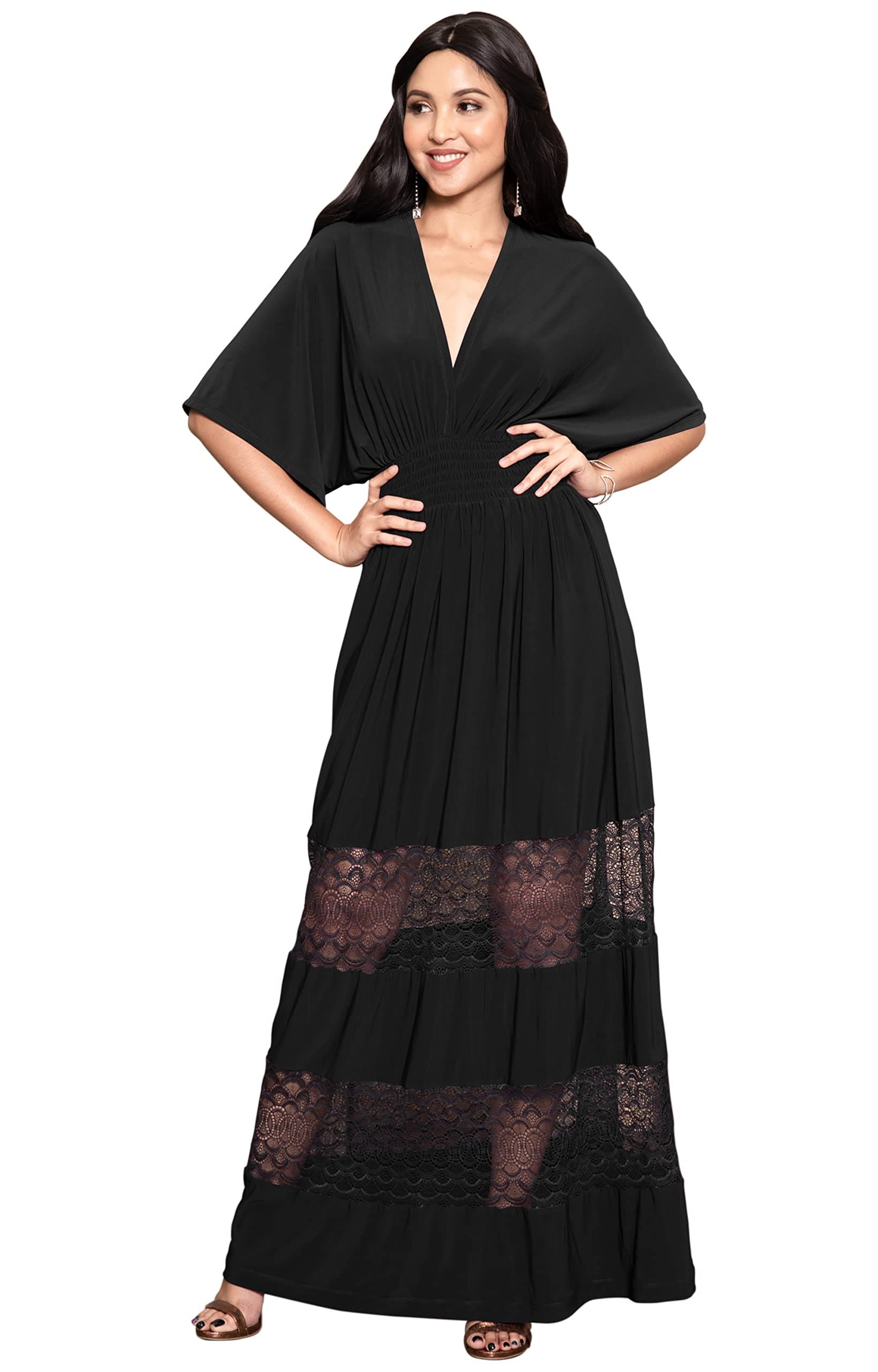 KOH KOH Womens Sexy Summer V-Neck Half Sleeve Layered Lace Maxi Dress