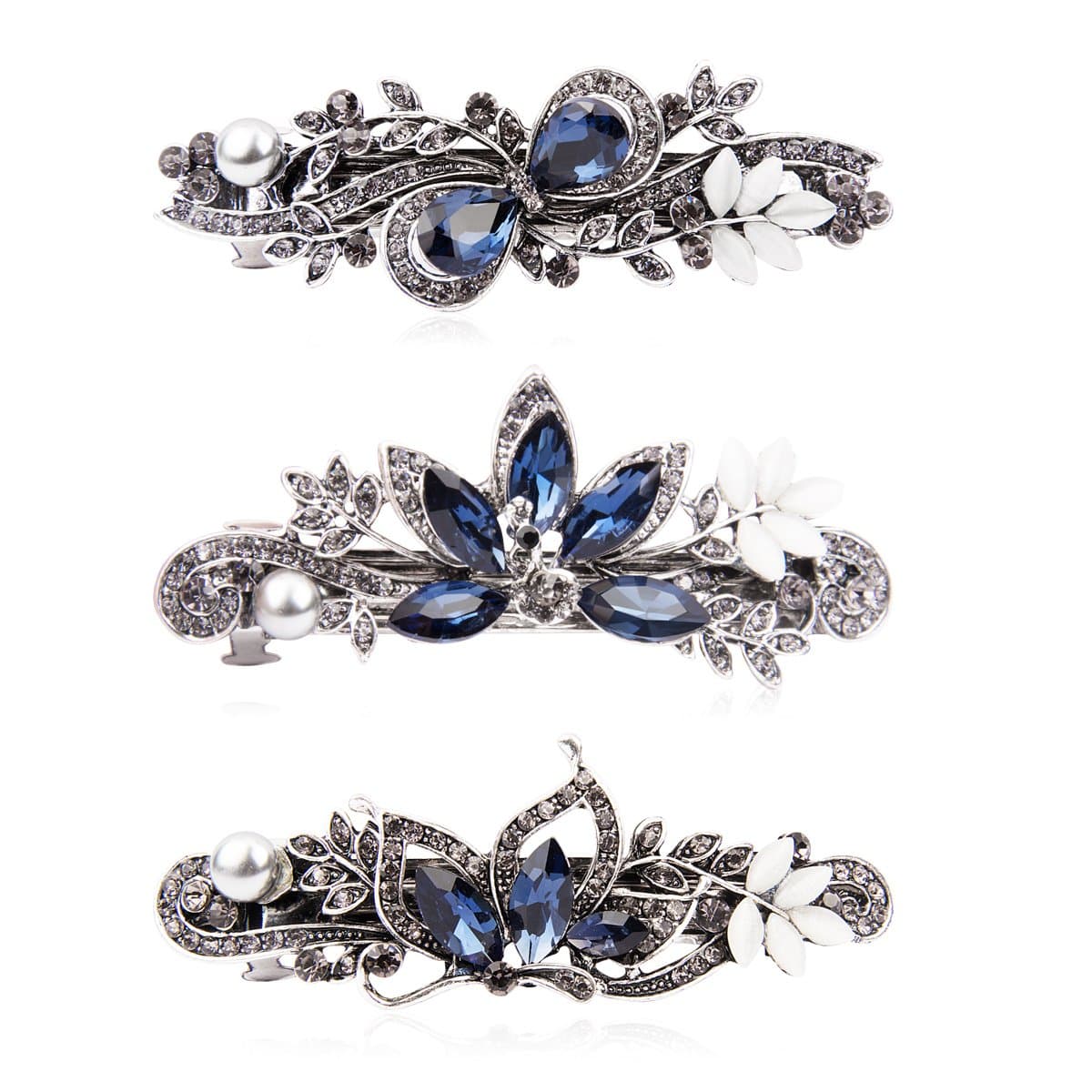 Barrettes for Women 3 Pack Vintage Shining Rhinestone Hair Barrettes Metal Flower Butterfly French Clip Faux Crystal Hair clip Spring Hair Barrette,Black and Navy (Pattern-A(3PCS))