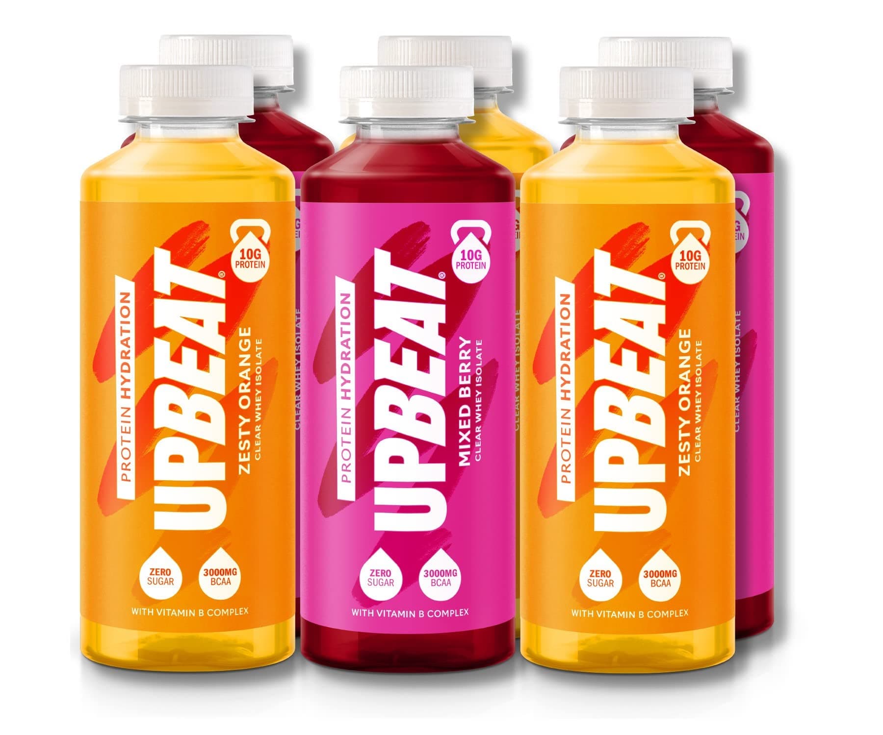 UPBEAT Protein Water Hydration - 6x 500ml, 3x Zesty Orange, 3x Mixed Berry Taster Pack, BCAA, 10g Clear Whey Isolate, Lactose Free, Zero Sugar, Ready to Drink