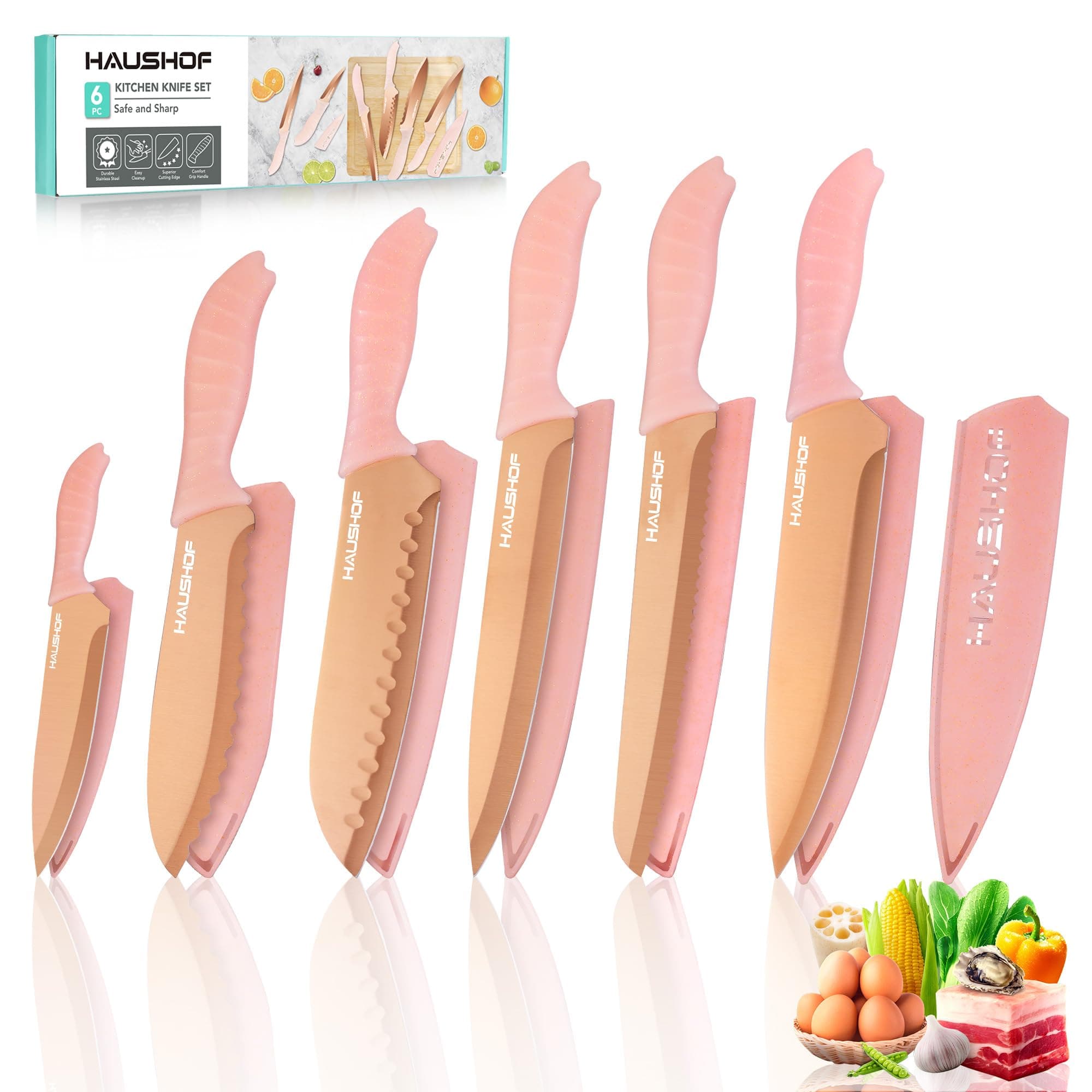 HAUSHOF Kitchen Knife Set, 12-Piece Pink Knife Set with 6 Blade Guards, Non-Stick Coated Stainless Steel Blades for Slicing, Dicing&Cutting, Gifts Knife Set for Dad, Mom, Husband and Wife