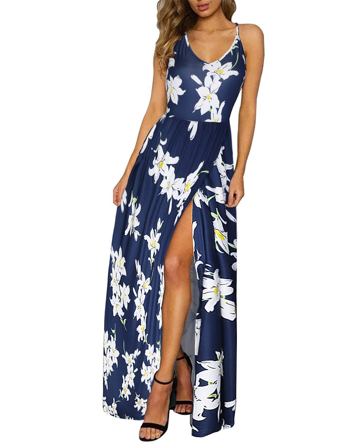 ULTRANICE Women's Summer Floral Backless Adjustable Spaghetti Strap Maxi Dress Split(Floral05,S)