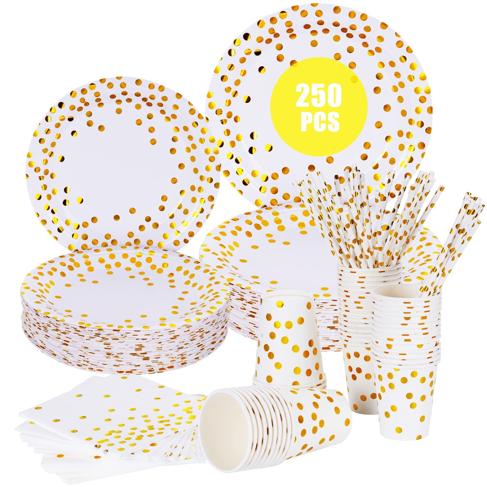 esafio Party Tableware, 250 pcs Party Supplies for Kids, Disposable Tableware Set Include Gold Dot Party Plates, Napkins, Paper Cups and Straws for Birthdays, Parties, Weddings, Anniversary,Christmas