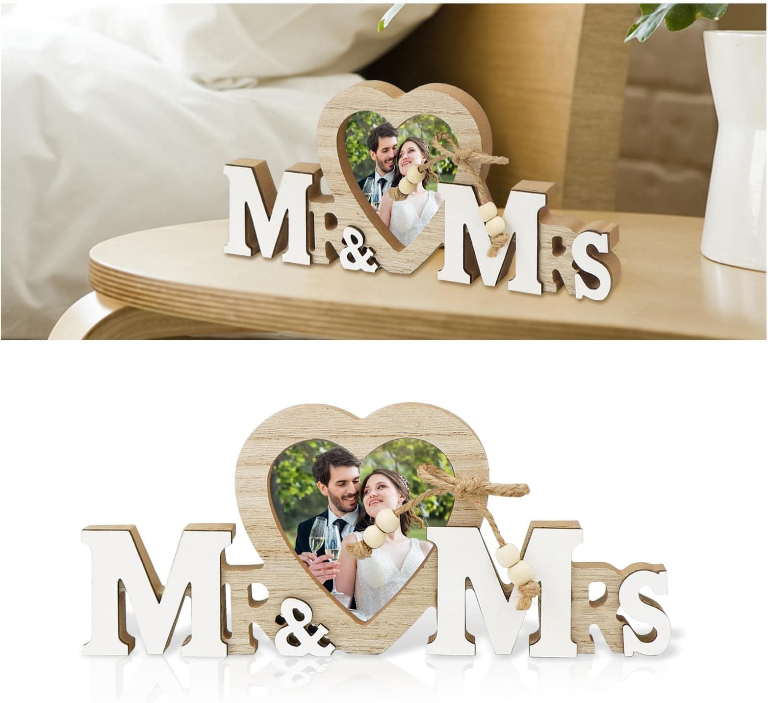 NALACAL Wedding Gifts with Heart Photo Frame, Wedding Decorations Couple Personalised Photo Frames Romantic Gifts, Wooden Tabletop Picture Frame Mr and Mrs for Anniversary Party Home Decor