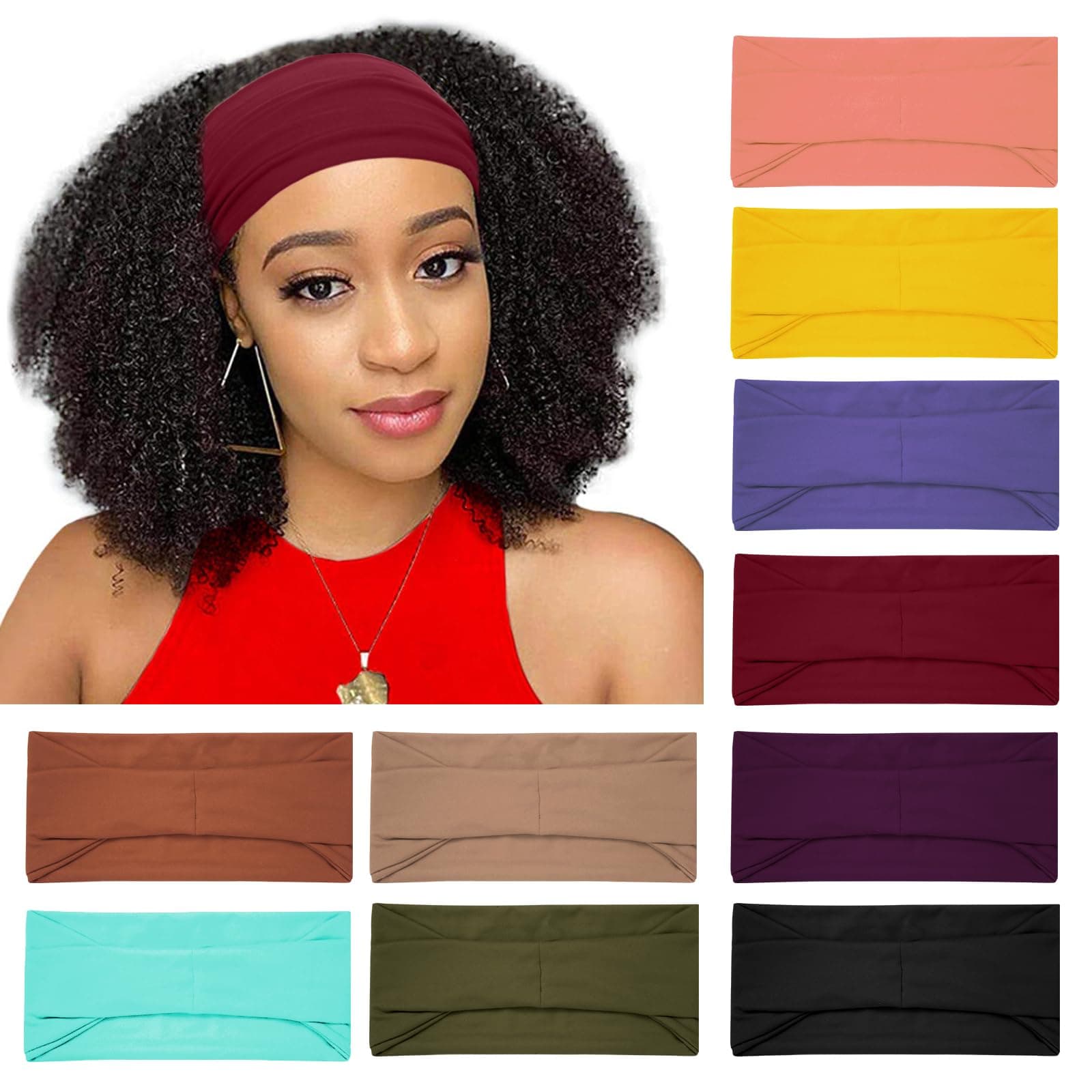 10 Pack Wide Headbands for Women Girls, Workout Yoga Running Womens Headbands Boho Hair Bands for Women's Hair, Non Slip Sweat Head Bands Thick Head Wrap Hair Wrap(solid headbands)