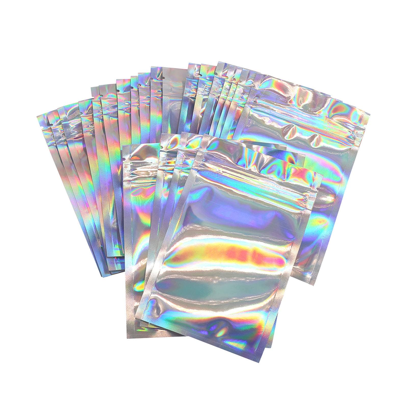 50 Pieces Zip Lock Bags, imoli Reusable Aluminum Foil Bags, Smell Proof Waterproof Foil Bags, Resealable Flat Pouch Bags for Food Storage, Holographic Rainbow(4 x 6 Inches)