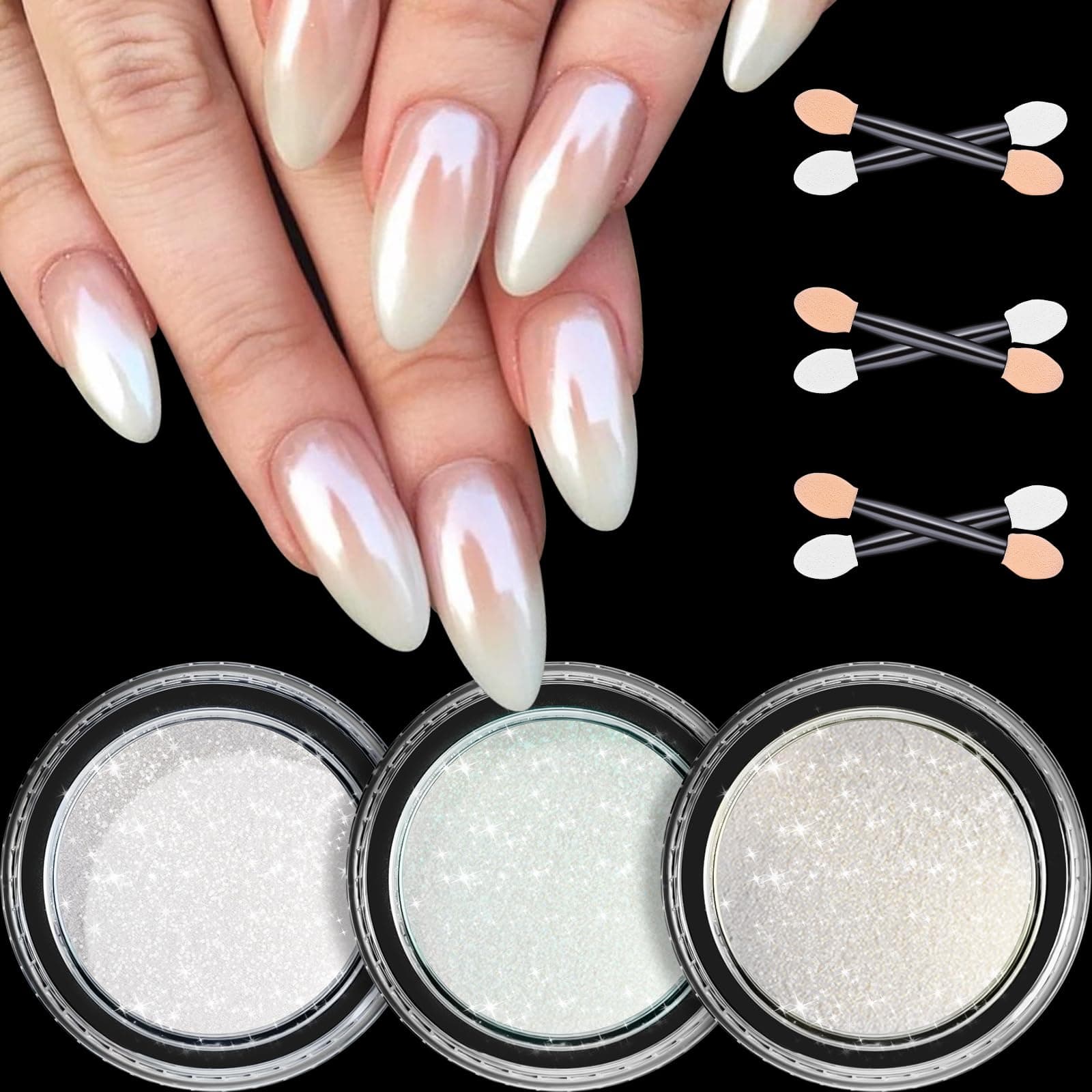 White Pearl Chrome Nail Powder, 3 Colors Clear Aurora Glass Ice Transparent Chrome Powder for Nails, Glazed Donut Pearlescent Magic White Mirror Powders Pigment Glitter Dust for Nails Art