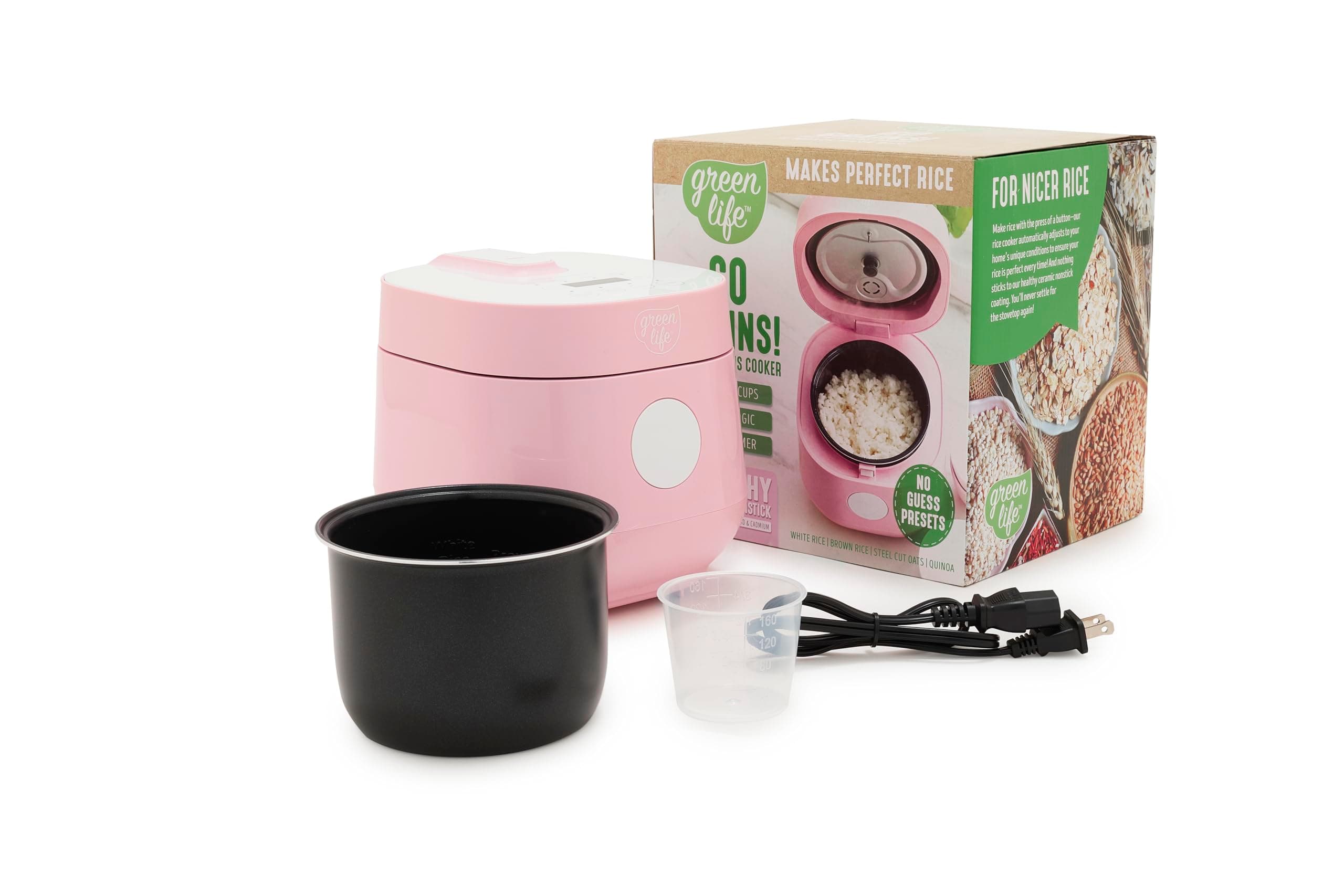 GreenLife Healthy Ceramic Non-Stick 4 Cup Rice Oat and Grain Cooker, PAS Free, Dishwasher Safe Parts, Pink