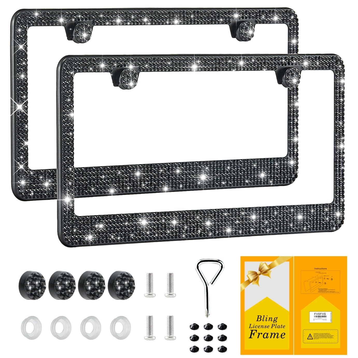 Bling License Plate Frame for Women,2 Pack Premium Stainless Steel Rhinestone License Plate Holder,Handmade Glitter Crystal Diamond Girl Lincense Plate Tag Cover,Bedazzled Sparkly-Black