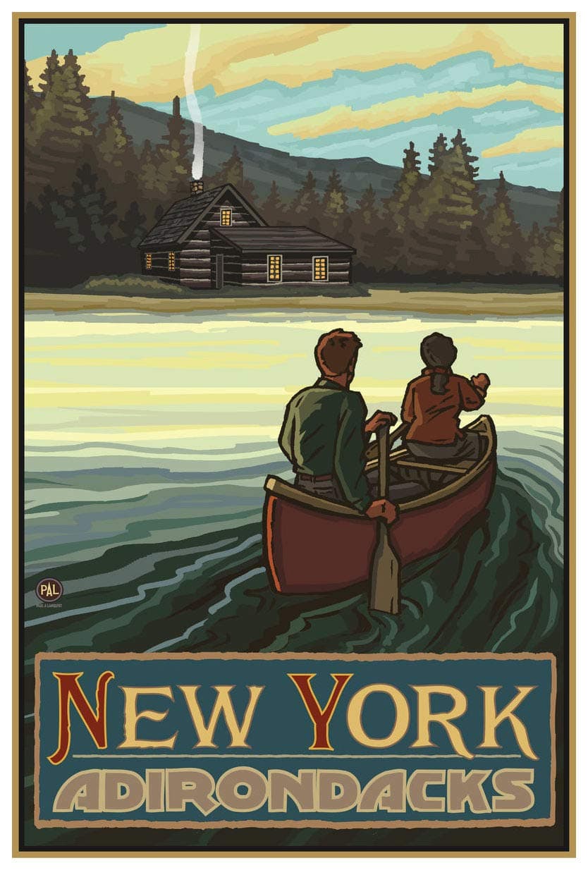 New York Adirondacks Lake Canoers Hills Giclee Art Print Poster from Travel Artwork by Artist Paul A. Lanquist 12" x 18"