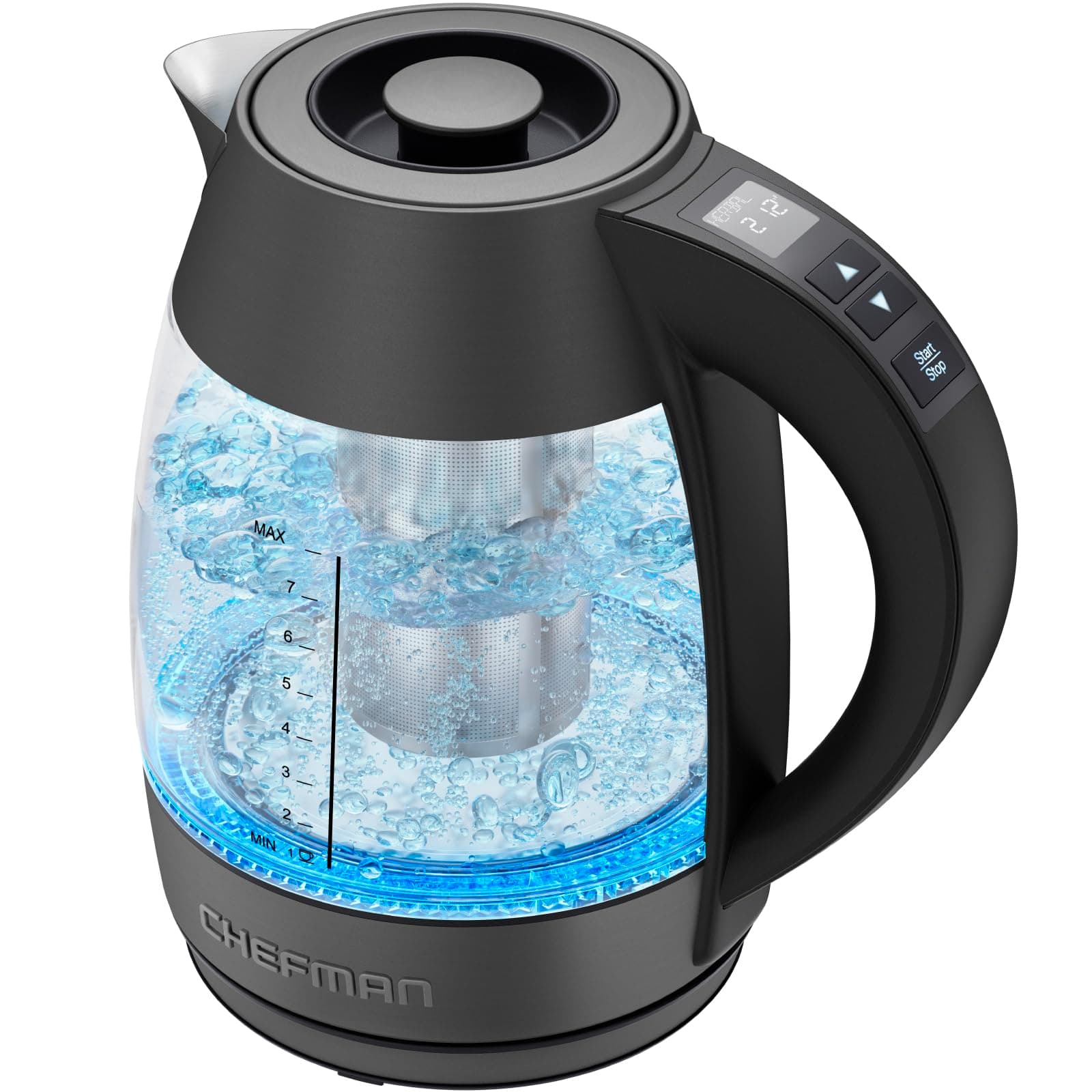 Chefman Digital Electric Kettle with Rapid 3 Minute Boil Technology, Custom Steep Timer and Temperature Presets, Bonus Tea Infuser, Rust and Discoloration Proof, 1.8 Liter, Matte Black, 1500W