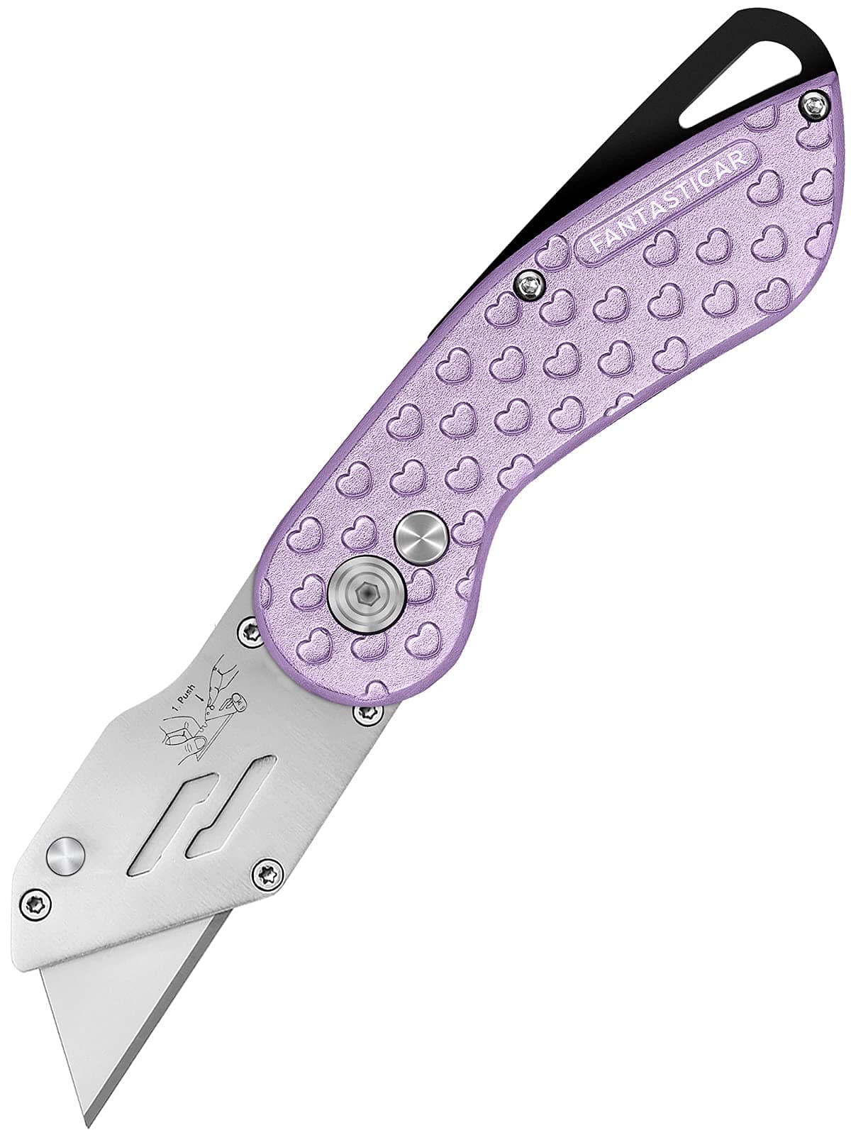 FantastiCAR Folding Utility Knife, Cute Metal Box Cutter with Extra 5 Sharp Blades, Quick Blade Change, and Preminium Gift Packaging, for Cardboard Opener, Paper Cutter (Purple Hearts)