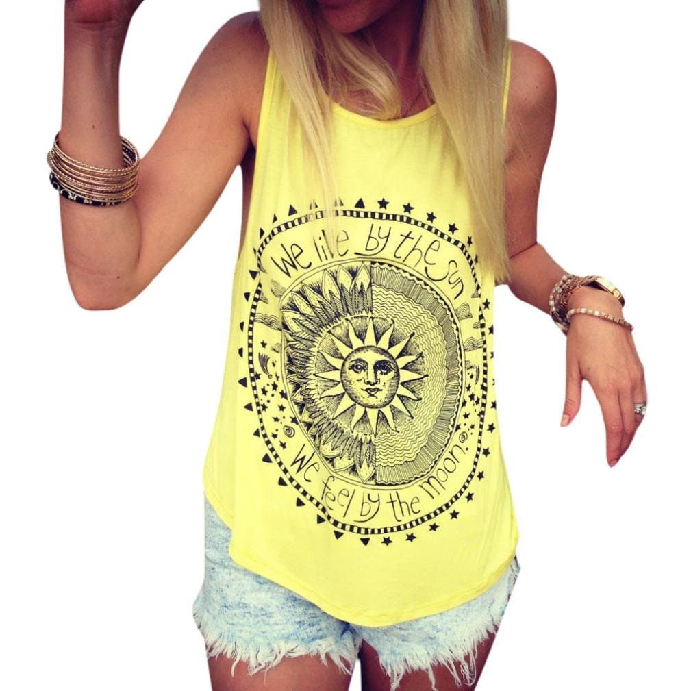 Women Sun Printed Blouse Sleeveless Vest Tee Shirt Blouse Casual Tank Tops (M, Yellow)