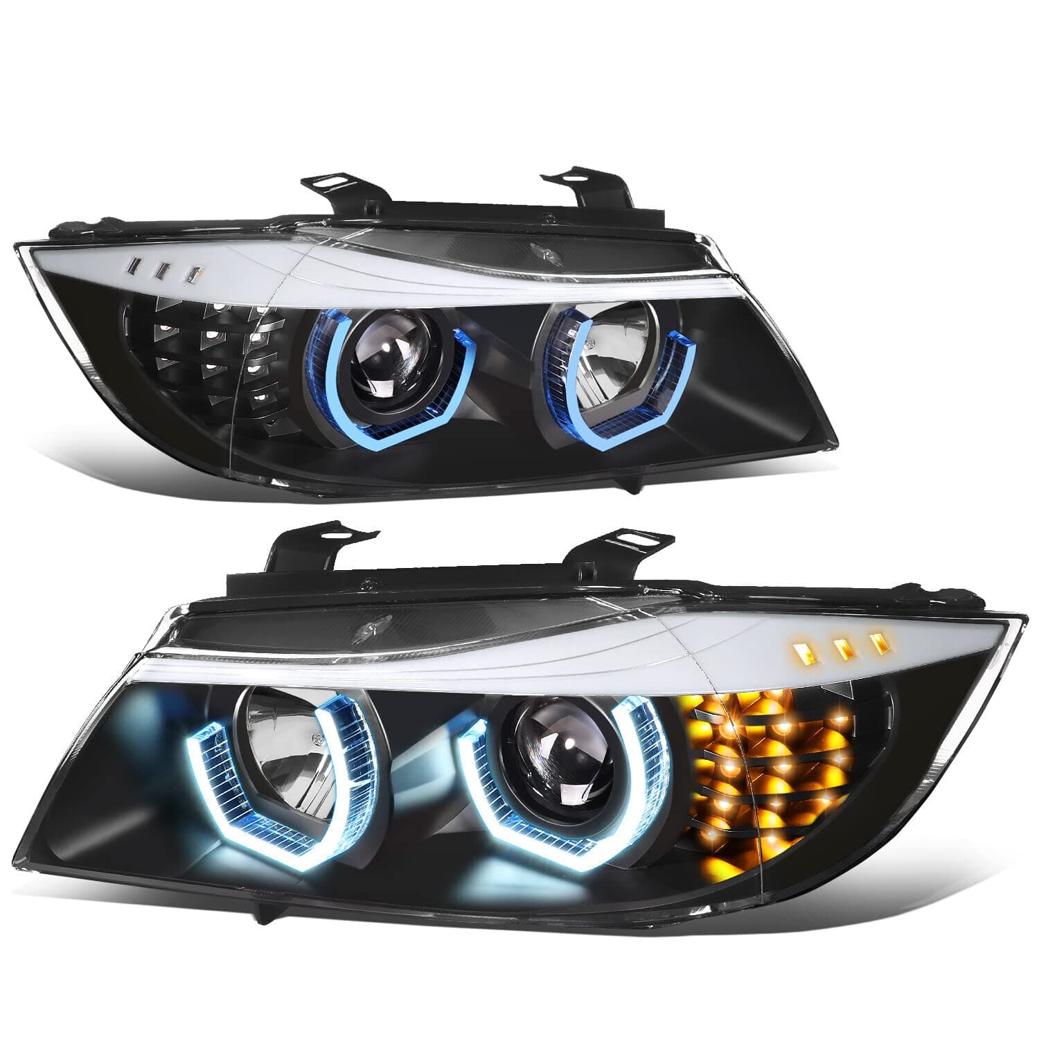 Auto Dynasty LED Halo Headlights Assembly Compatible with 2009-2012 BMW E90 323i 335d 325i 328i Sedan, Left and Right Side, 3D Crystal Blue U-Halo, Projector Low Beam, LED Turn Signal, Black Housing