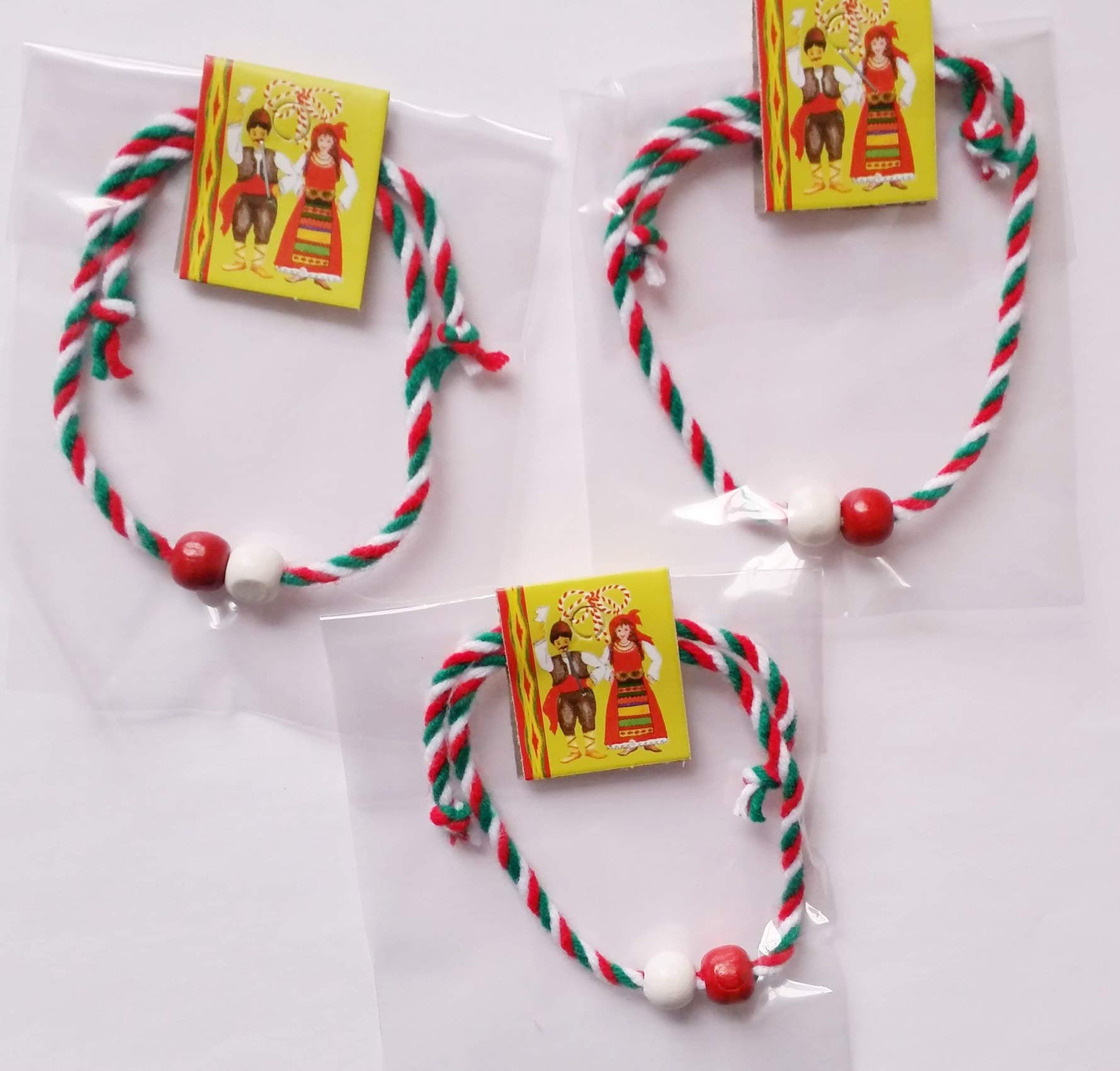 Traditional Bulgarian MARTENICA - 3 Bracelets Red & White twisted with green, Handmade
