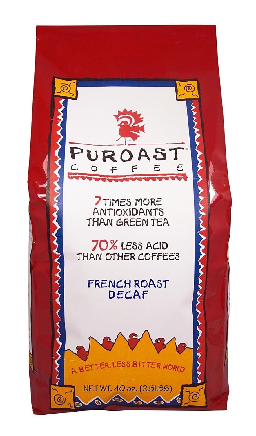 Puroast Low Acid Coffee Decaf Whole Bean | Decaf French Roast Whole Bean | Dark Roast | High Antioxidants & High pH |No Bitter Aftertaste | Reduced Heartburn & GERD | Suitable for Cold Brew - 2.2 LB
