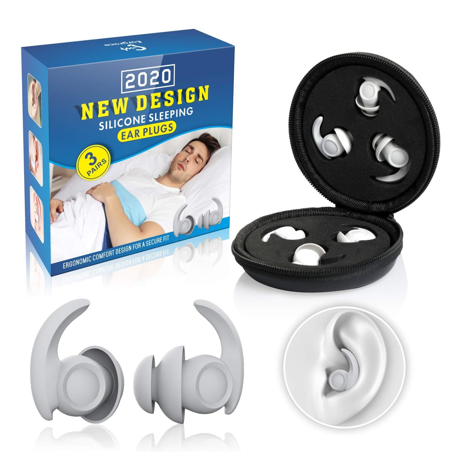 Noise Reduction Ear Plugs for Sleeping, Eargrace 3 Pairs of Different Sizes Ear Plugs, Ultra Comfortable Silicone Reusable Ear Plugs for Sleeping, Snoring and Hearing Protection