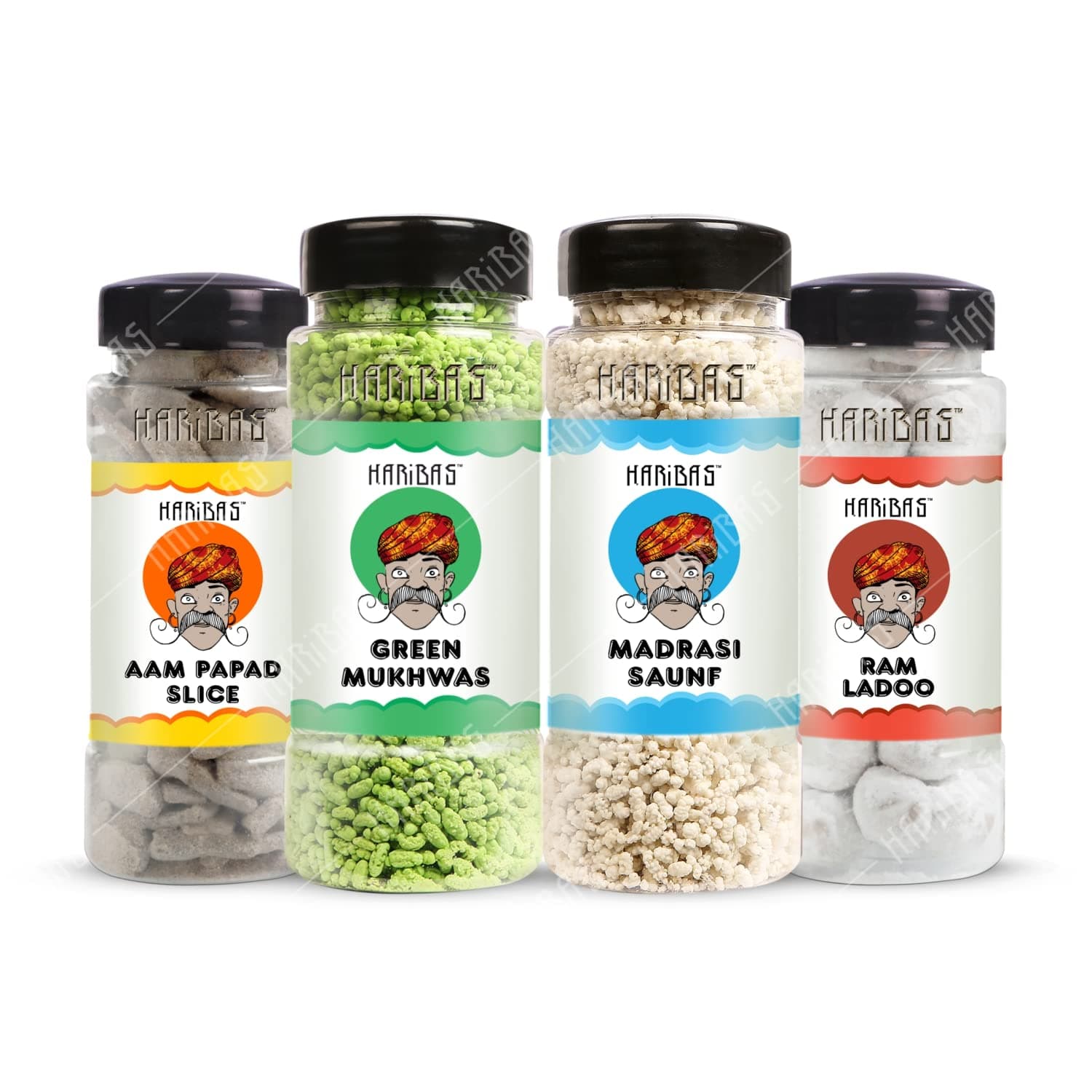 HARIBAS Green Mukhwas 180gm, Madrasi Mukhwas 180gm, Ram Ladoo 180gm and Mango slice 180gm (Pack of 4) | Premium and Sweet Mouth Freshener, Tasty After Meal Digestive