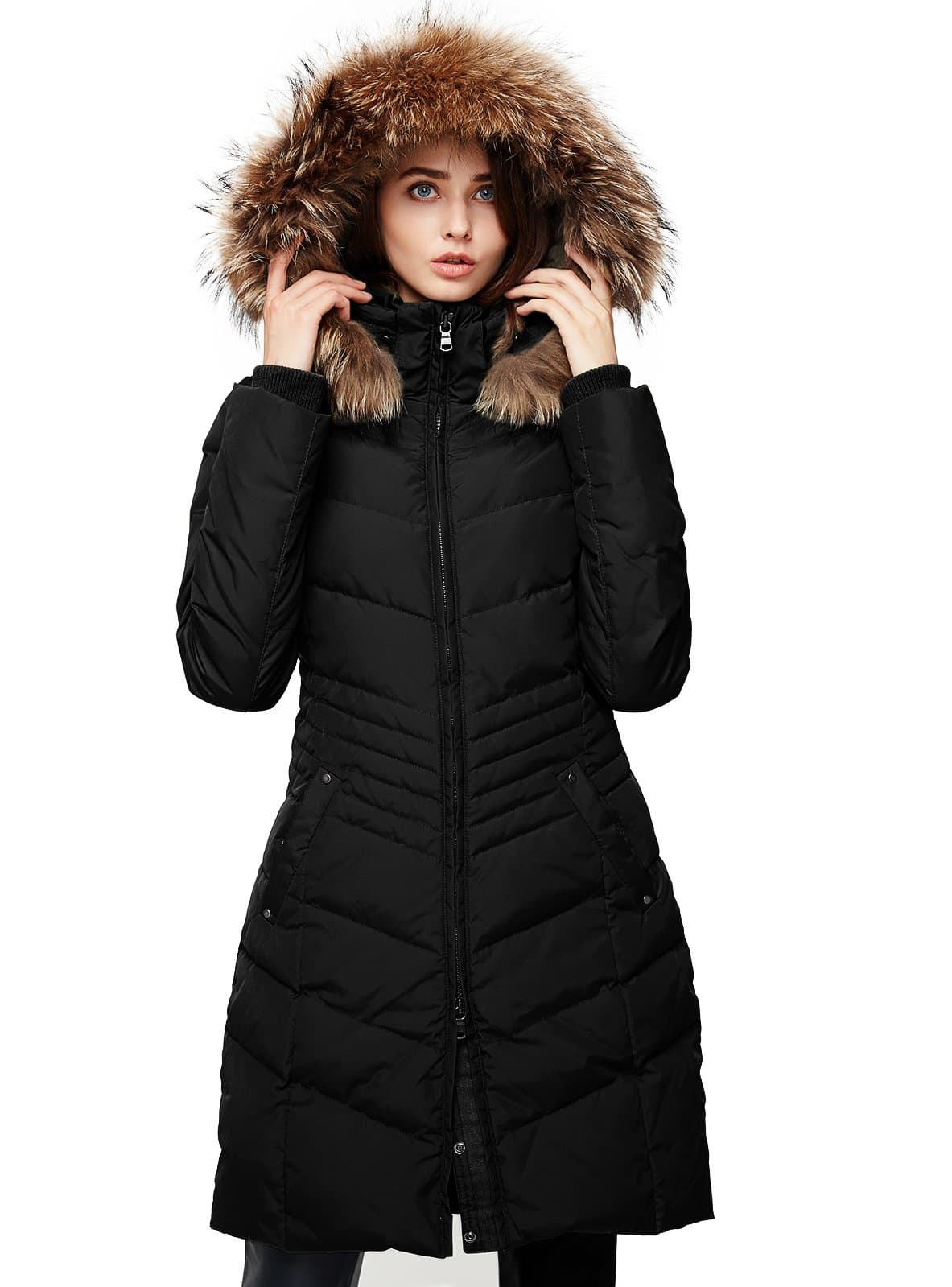 Escalier Women's Down Coat Winter Parka Jacket with Raccoon Fur Hooded Black XL