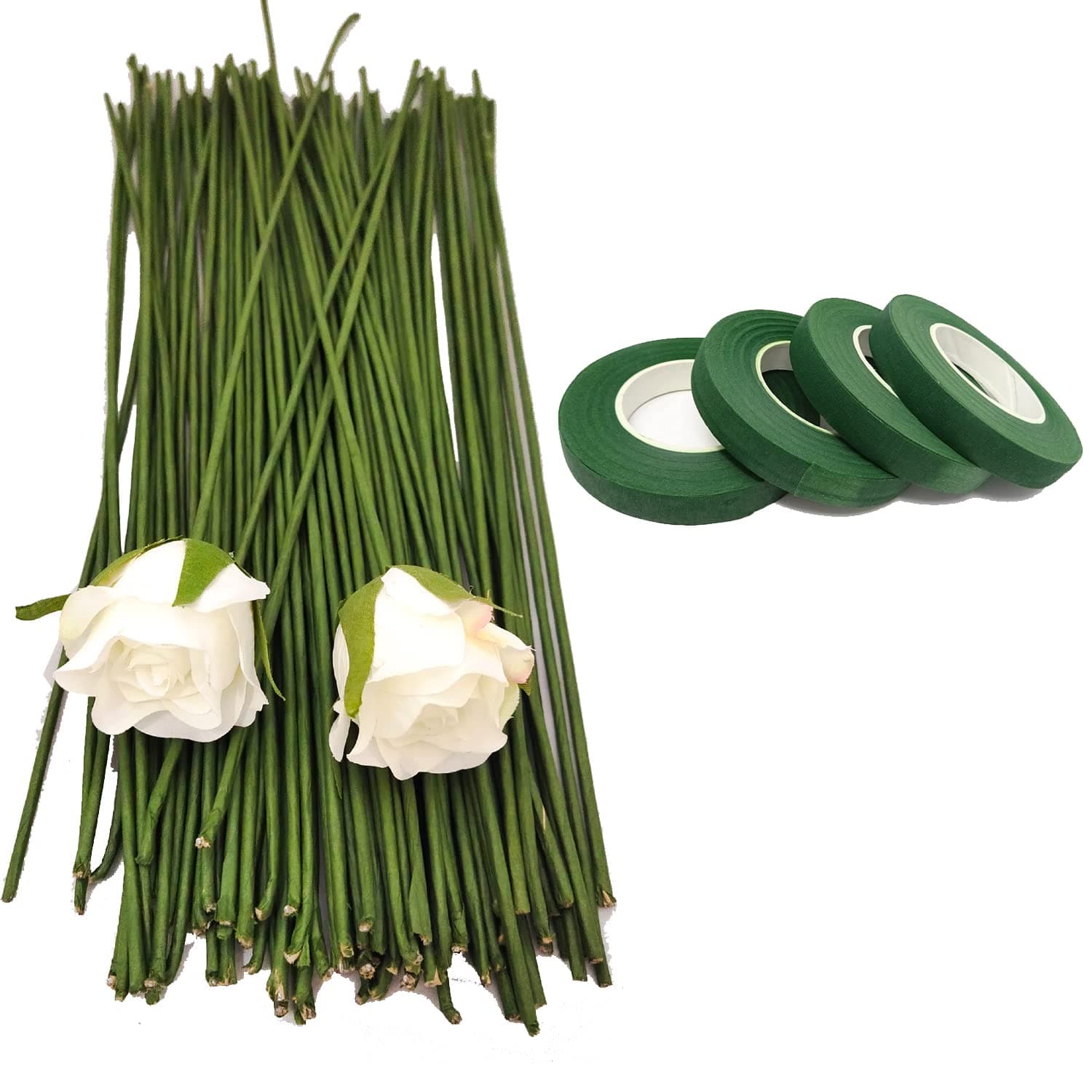 12 Inch Dark Green Floral Stem Wire Crafting Floral Paper Wrapped Wire for Artificial Flowers Making, Plant Stub Stem (100 pc wire & 4pc Tape, Green Floral Wire with Green Floral Tape)
