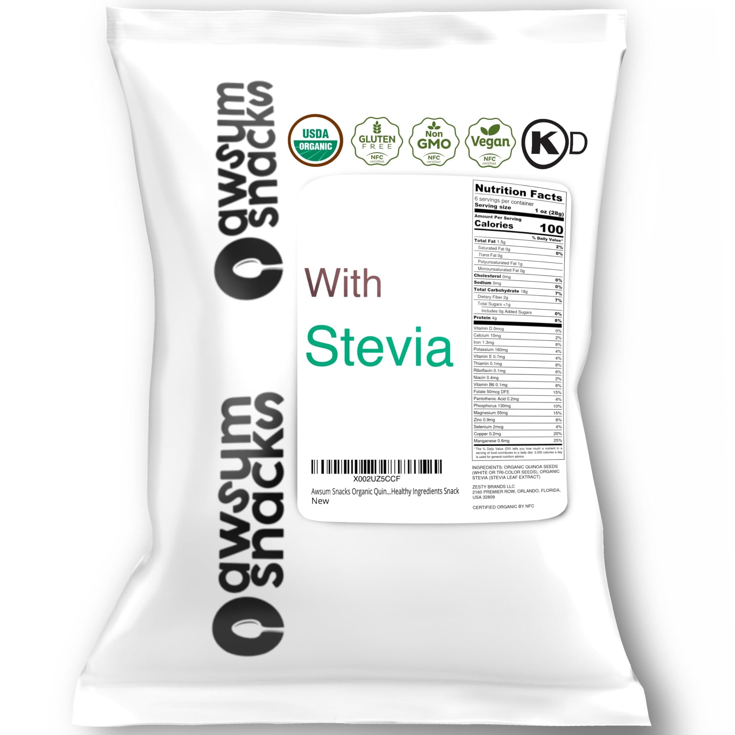 Awsum Snacks Organic Quinoa SUPERCEREAL Puffs with Stevia, 6 oz bag Vegan, Kosher, Gluten-Free - Non-Allergy, Diabetic Crunchy Healthy Ingredients Snack