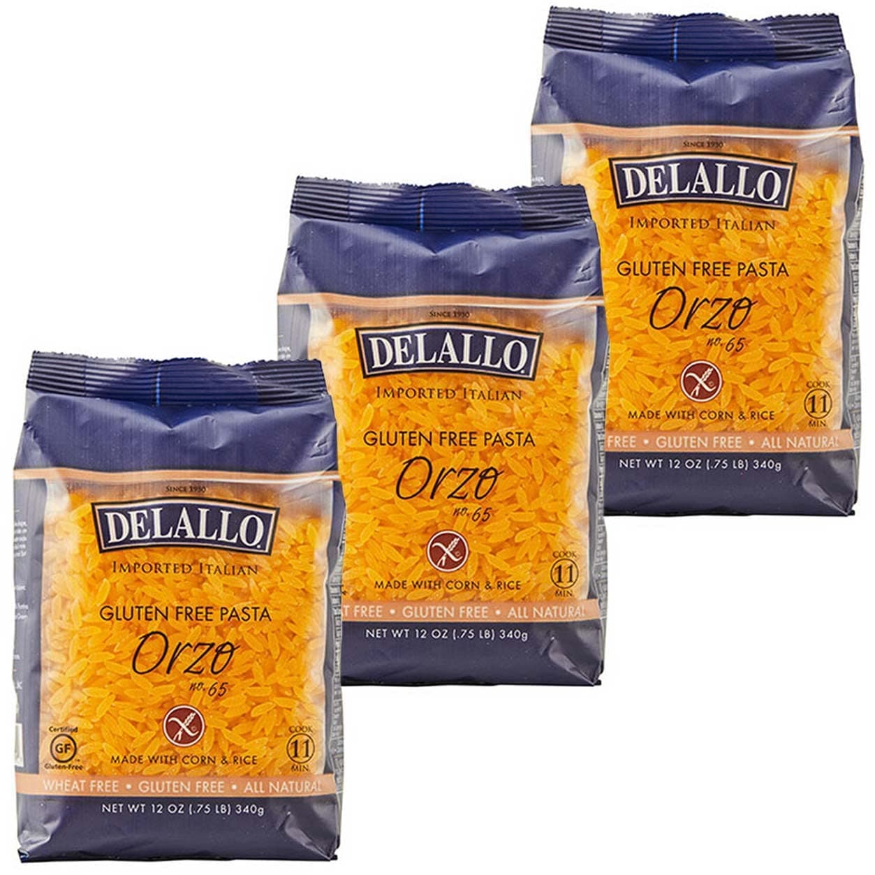 DeLallo Gluten Free Orzo Pasta, 12 oz Bag, (3 Pack), Made with Corn and Rice Flour, Handcrafted in Italy, Non-GMO, All Natural, Kosher