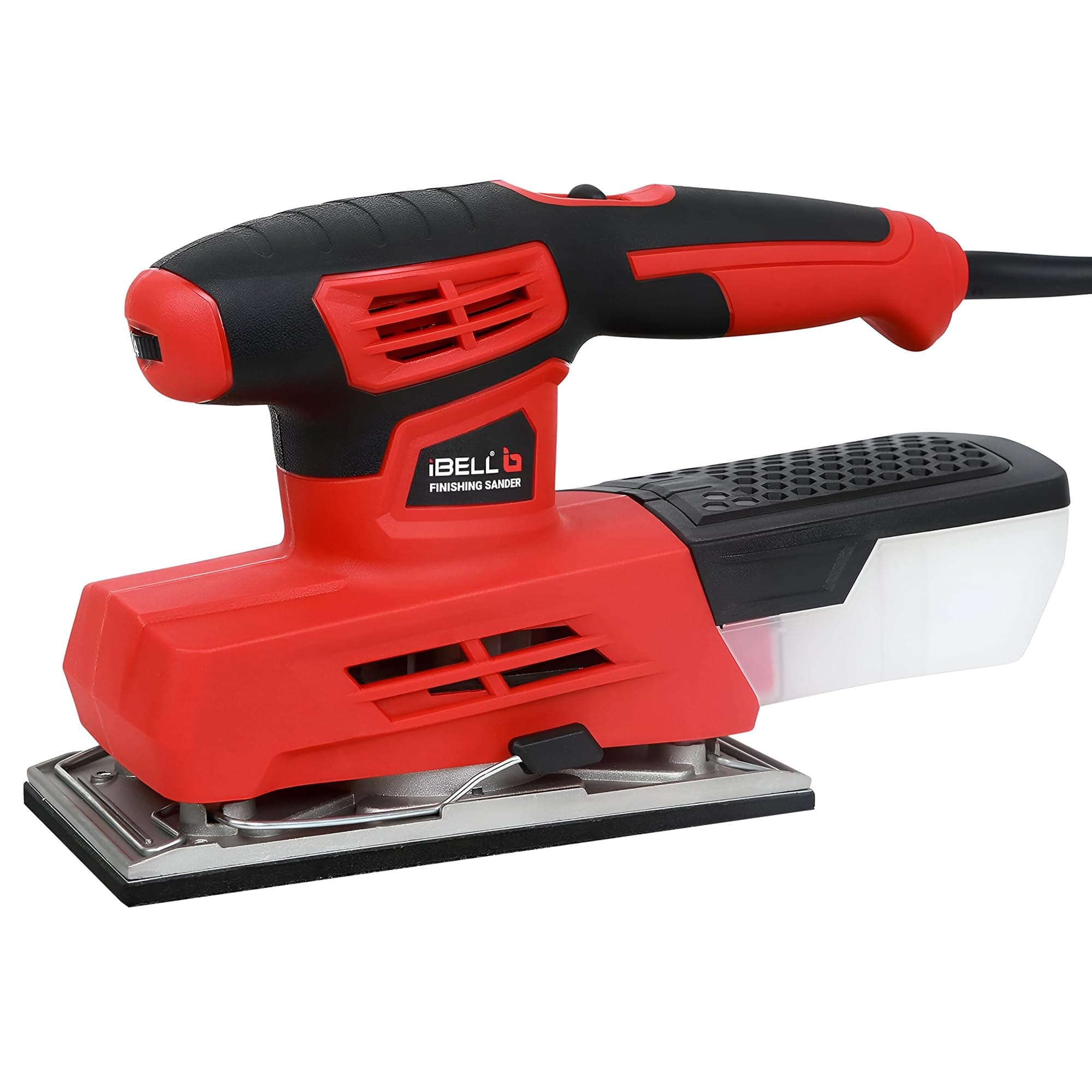IBELL Finishing Sander FS87-20, 220W, Copper Armature, Sanding Area 90X187mm, 12000 RPM with Sand Paper and Dust Box, Red