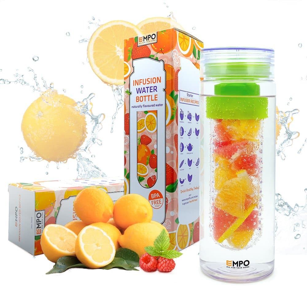 EMPO Fruit Infuser Water Bottle, [750ml/27oz] BPA Free Plastic Free eBook, Durable and Light Weight - Twisting Lid Safe Locking Prevents Spills&Leaks - Green