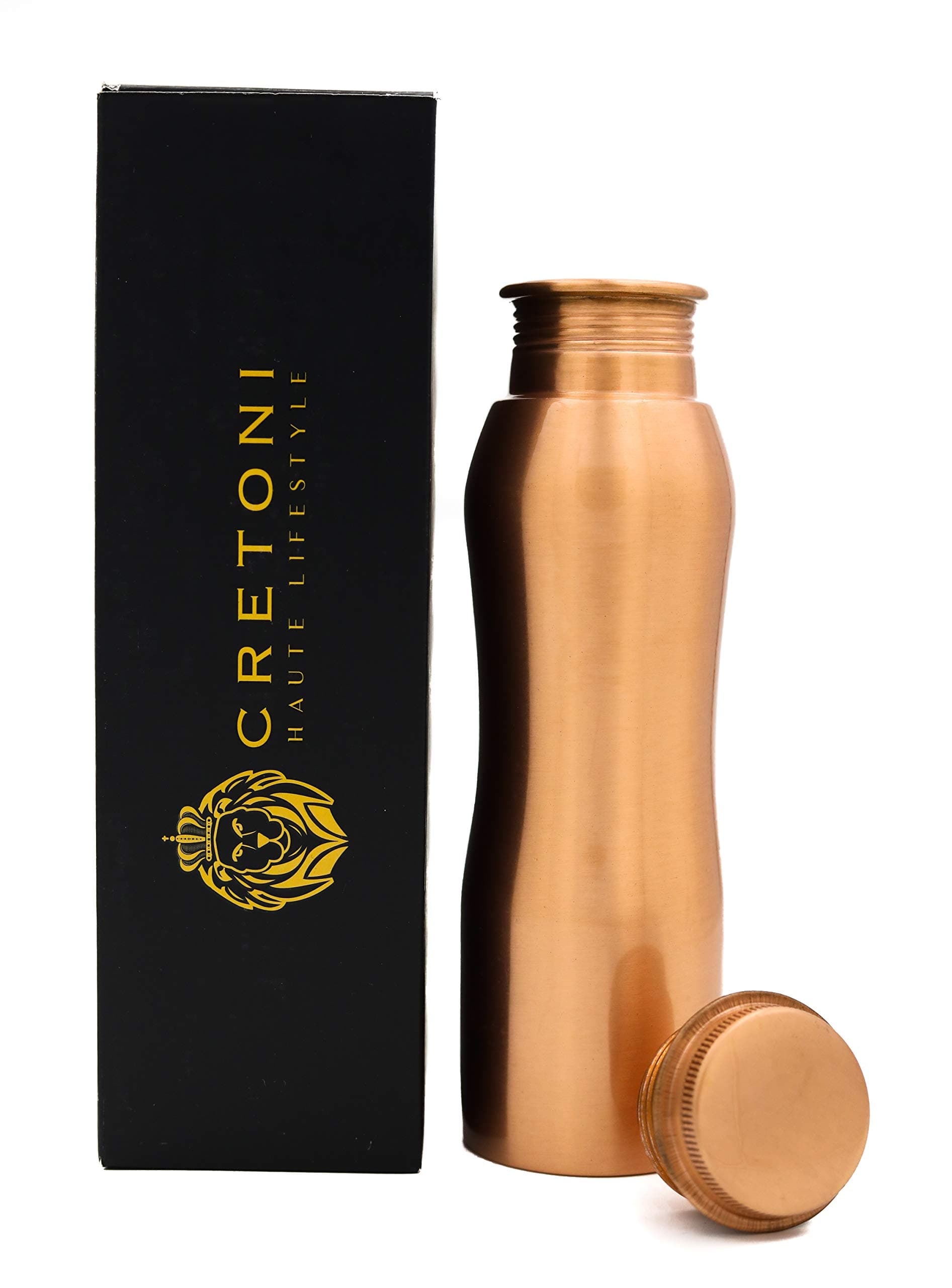 CRETONI Copperlin Pure Copper Water Bottle : Curved Eco-Friendly Seemless Leak Proof Design : Perfect Ayurvedic Copper Vessel for Sports, Fitness, Yoga, Natural Health Benefits (850 ml/28 Oz.)